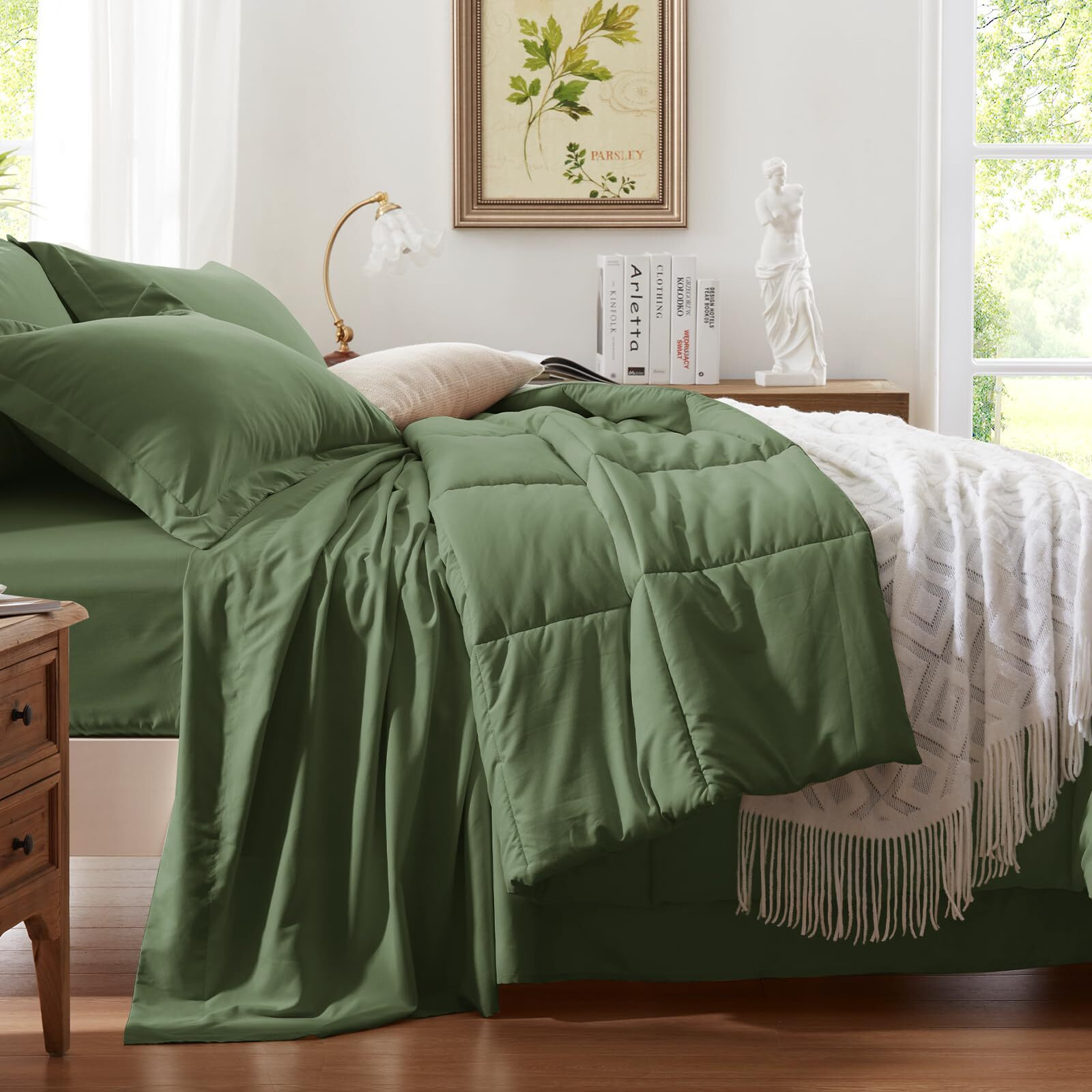 Anluoer Queen Comforter Set 7 Piece, Olive Green Bed In A Bag With All Season Bedding Comforter Sets, 1 Comforter, 2 Pillow Shams, 2 Pillowcases, 1 Flat Sheet, 1 Fitted Sheet