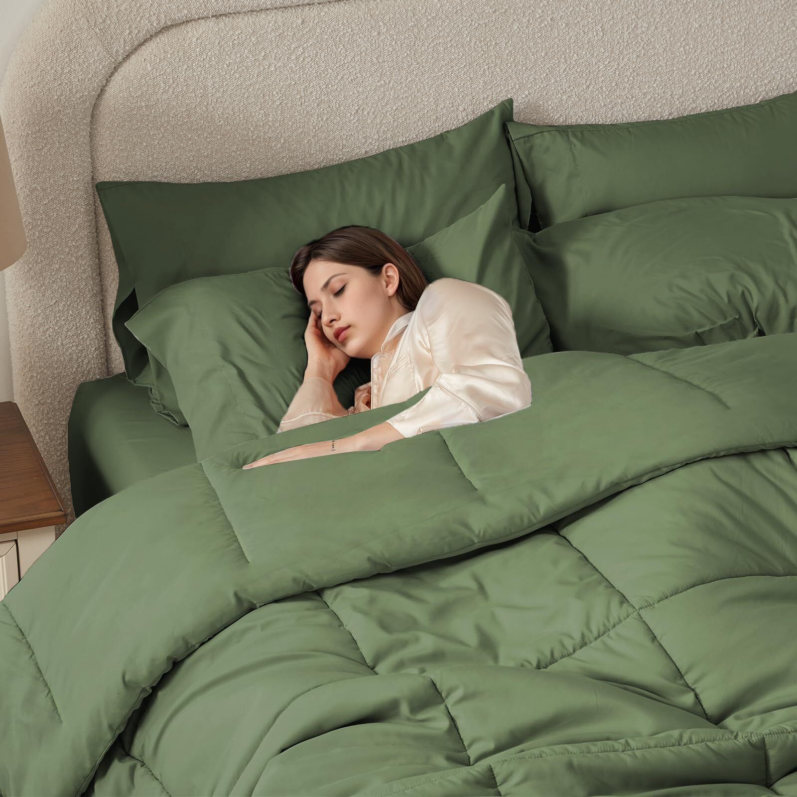 Anluoer Queen Comforter Set 7 Piece, Olive Green Bed In A Bag With All Season Bedding Comforter Sets, 1 Comforter, 2 Pillow Shams, 2 Pillowcases, 1 Flat Sheet, 1 Fitted Sheet