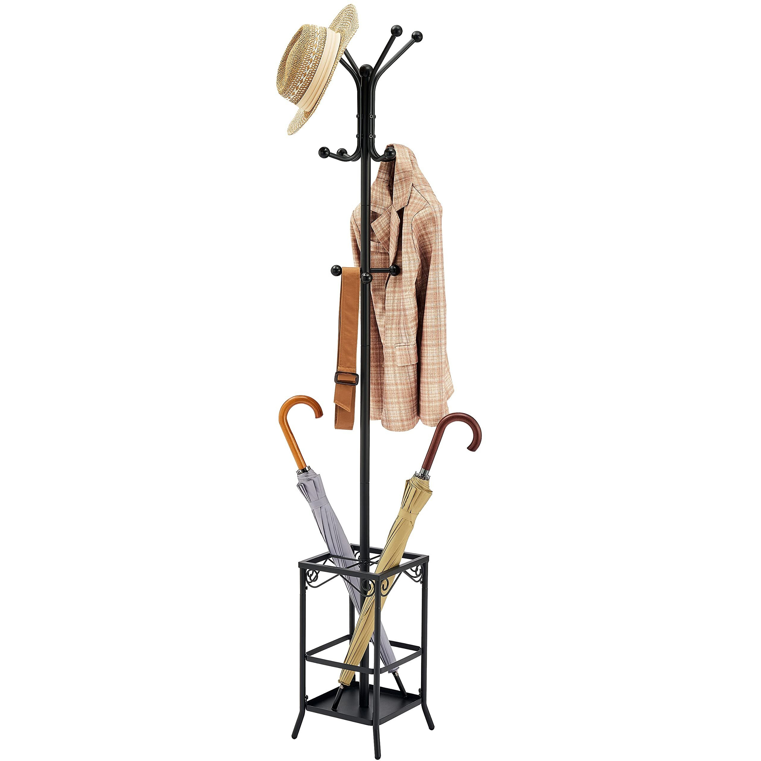 Hoctieon Coat Rack Freestanding,Entryway Hanger Stand,Umbrella Holder,Hall Tree With 12 Hooks, Floor Standing Metal Tree Stand, Black