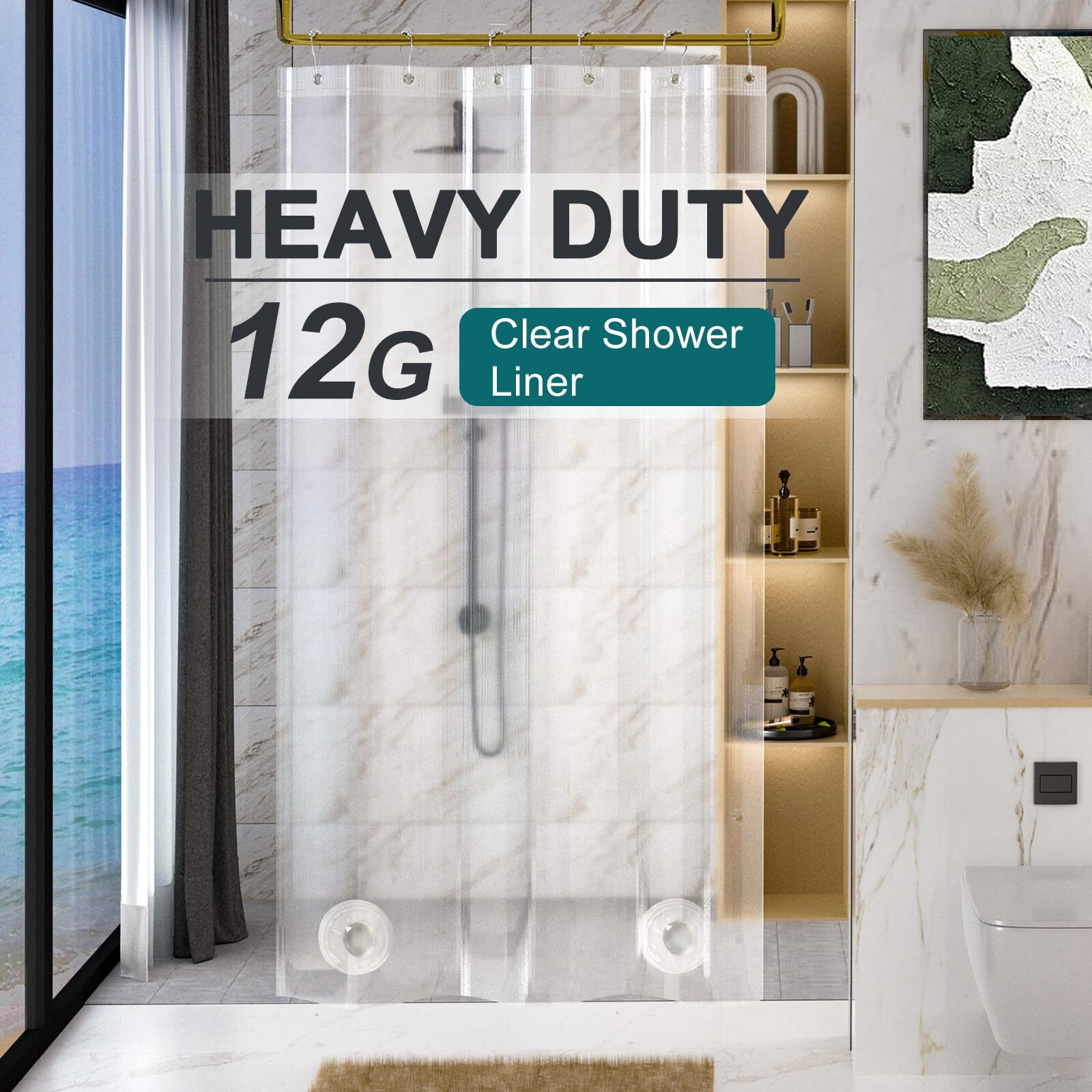 Amazerbath Heavy Duty Stall Shower Curtain Liner 12 Gauge, 36 X 72 Inches Clear Weighted Plastic Shower Liner With 2 Weighted Stones And 6 Rustproof Metal Grommet