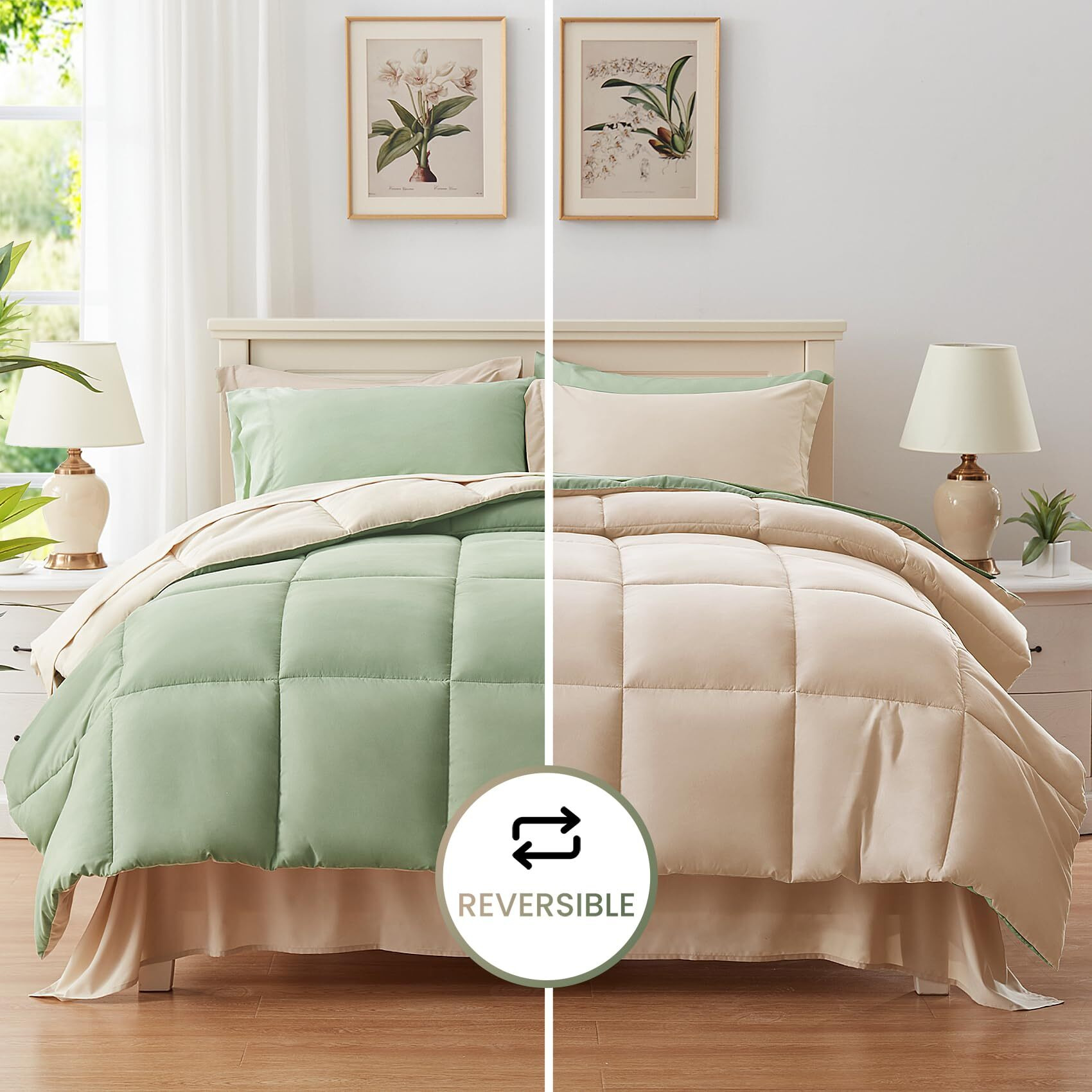 Anluoer King Size Bed In A Bag 7 Pieces, Sage Green Bed Comforter Set With Sheets, All Season Bedding Sets With 1 Comforter, 2 Pillow Shams, 2 Pillowcases, 1 Flat Sheet, 1 Fitted Sheet