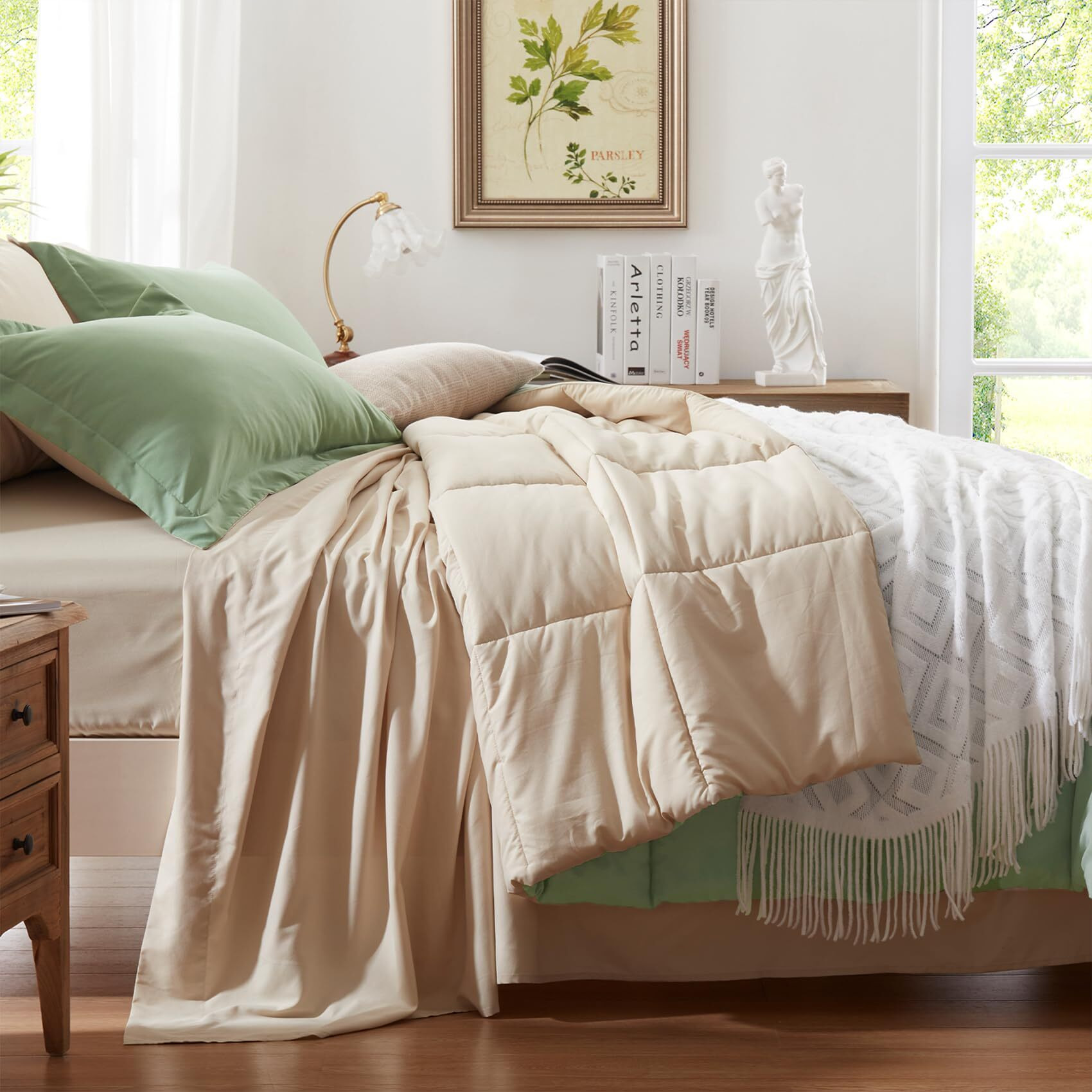 Anluoer King Size Bed In A Bag 7 Pieces, Sage Green Bed Comforter Set With Sheets, All Season Bedding Sets With 1 Comforter, 2 Pillow Shams, 2 Pillowcases, 1 Flat Sheet, 1 Fitted Sheet