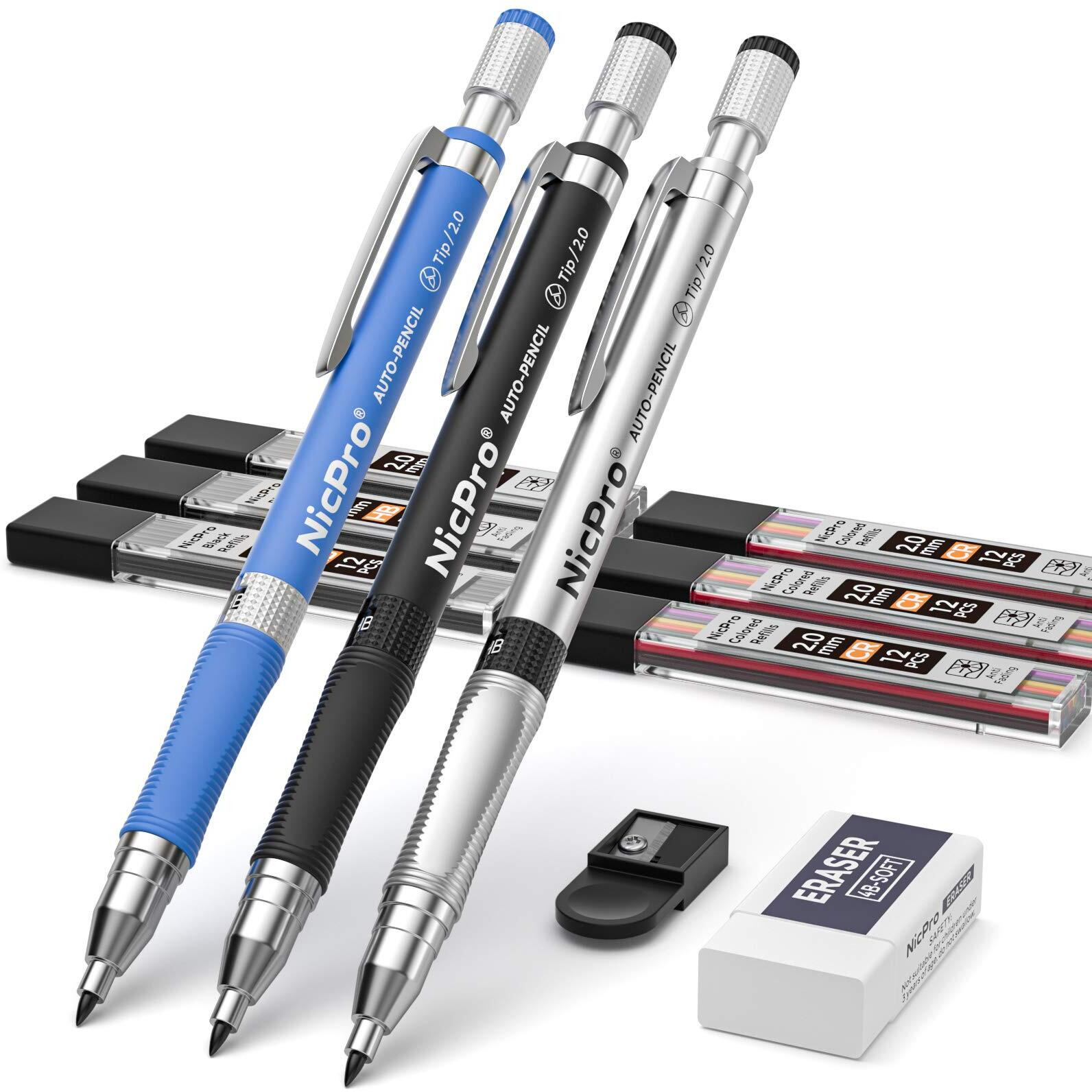 Nicpro 11 Pieces Colors 2Mm Mechanical Pencil Set, 3 Pcs Carpenter Drafting Pencil 2.0 Mm For Art Drawing Writing Sketching Construction With 6 Tube Pre-Sharpen 2B & Color Refill, Eraser, Sharpener