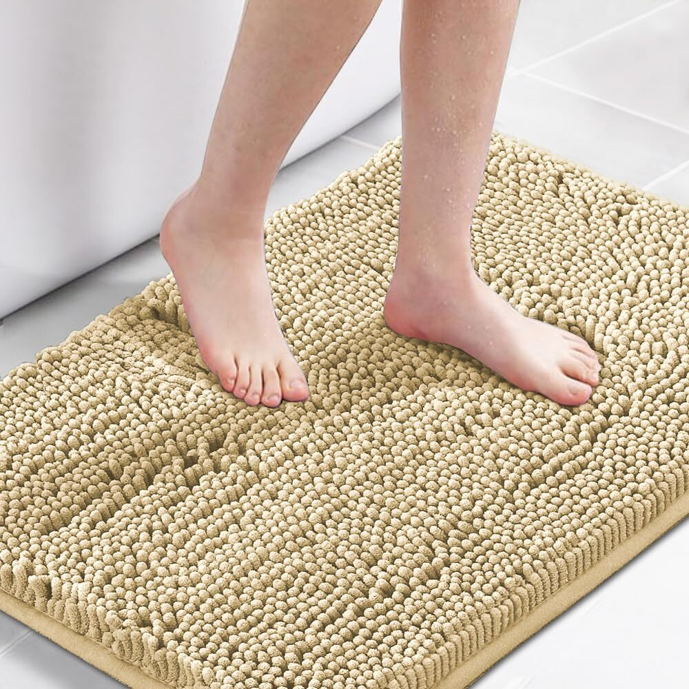 H.Versailtex Bath Mat Bathroom Rug Bath Rugs For Bathroom Non Slip Bath Mats Extra Thick Chenille Rug 17"" X 24"" Absorbent Soft Shaggy Washable Dry Fast Plush Rugs For Bathtubs - Beige