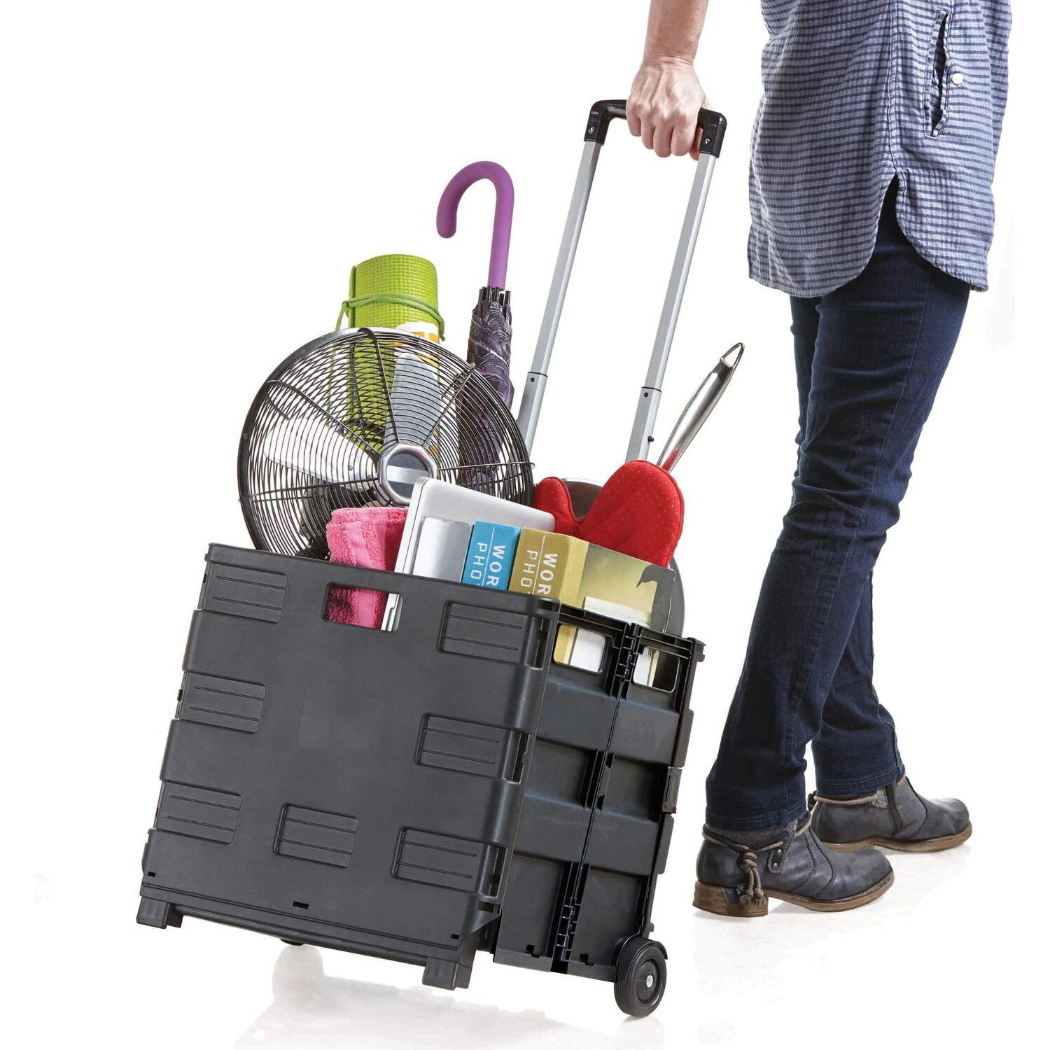 Inspired Living Collapsible Ultra-Slim Pack-N-Roll, 2 Wheel Utility Cart , With Telescopic Handle - Super Strong Up To 80 Lbs Load Capacity, Black