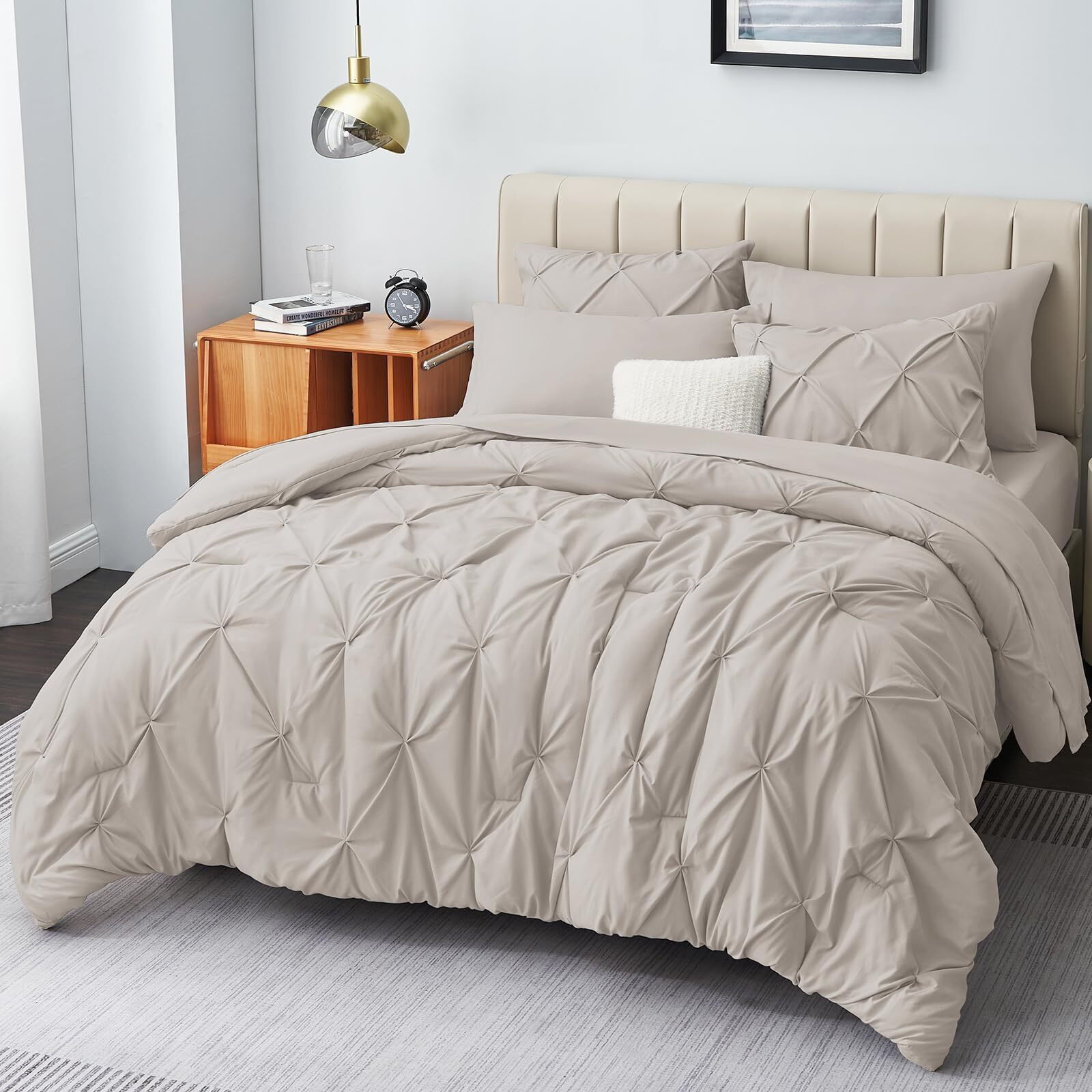 Cozylux King Size Comforter Set - 7 Pieces Comforters King Size Beige, Pintuck Bed In A Bag Pinch Pleat Bedding Sets With All Season Comforter, Flat Sheet, Fitted Sheet And Pillowcases & Shams