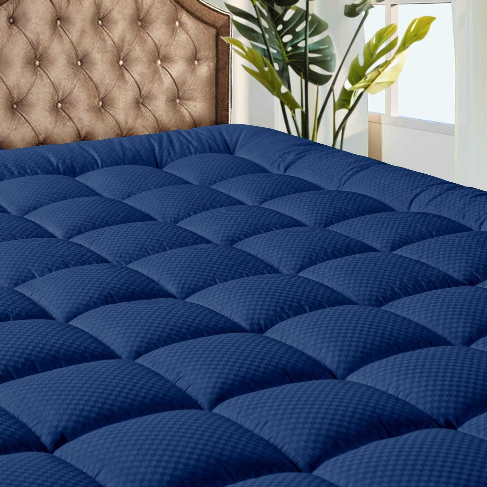 Matbeby Bedding Quilted Fitted King Mattress Pad Cooling Breathable Fluffy Soft Mattress Pad Stretches Up To 21 Inch Deep, King Size, Navy Blue, Mattress Topper Mattress Protector