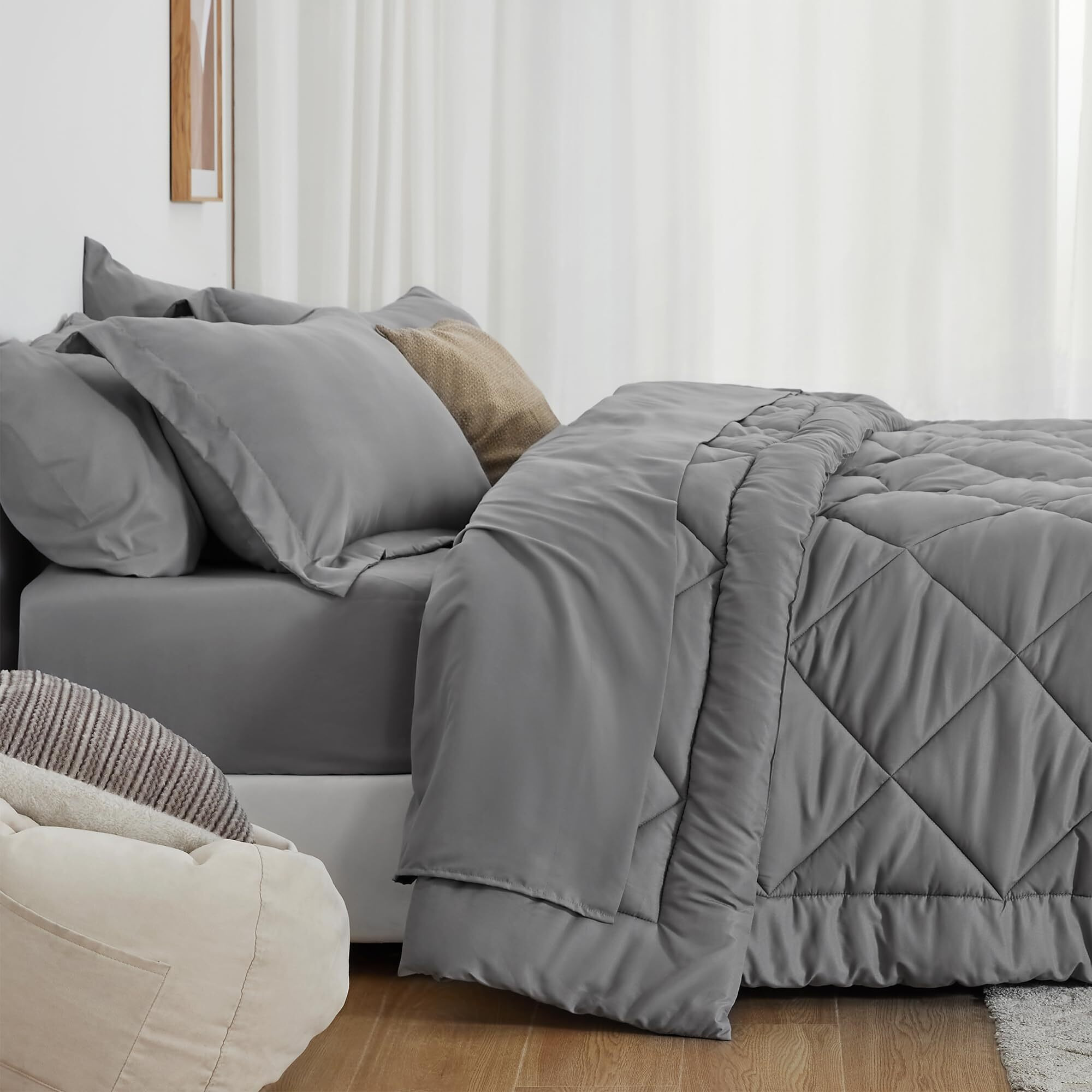 Love 's Cabin Full Comforter Set Grey, 7 Pieces Full Bed In A Bag, All Season Bedding Sets With 1 Comforter, 1 Flat Sheet, 1 Fitted Sheet, 2 Pillowcase And 2 Pillow Sham