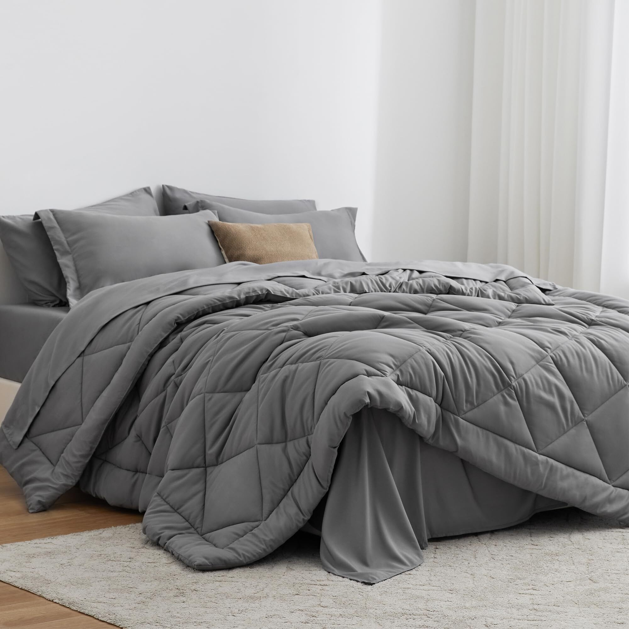 Love 's Cabin Queen Comforter Set Grey, 7 Pieces Queen Bed In A Bag, All Season Bedding Sets With 1 Comforter, 1 Flat Sheet, 1 Fitted Sheet, 2 Pillowcase And 2 Pillow Sham