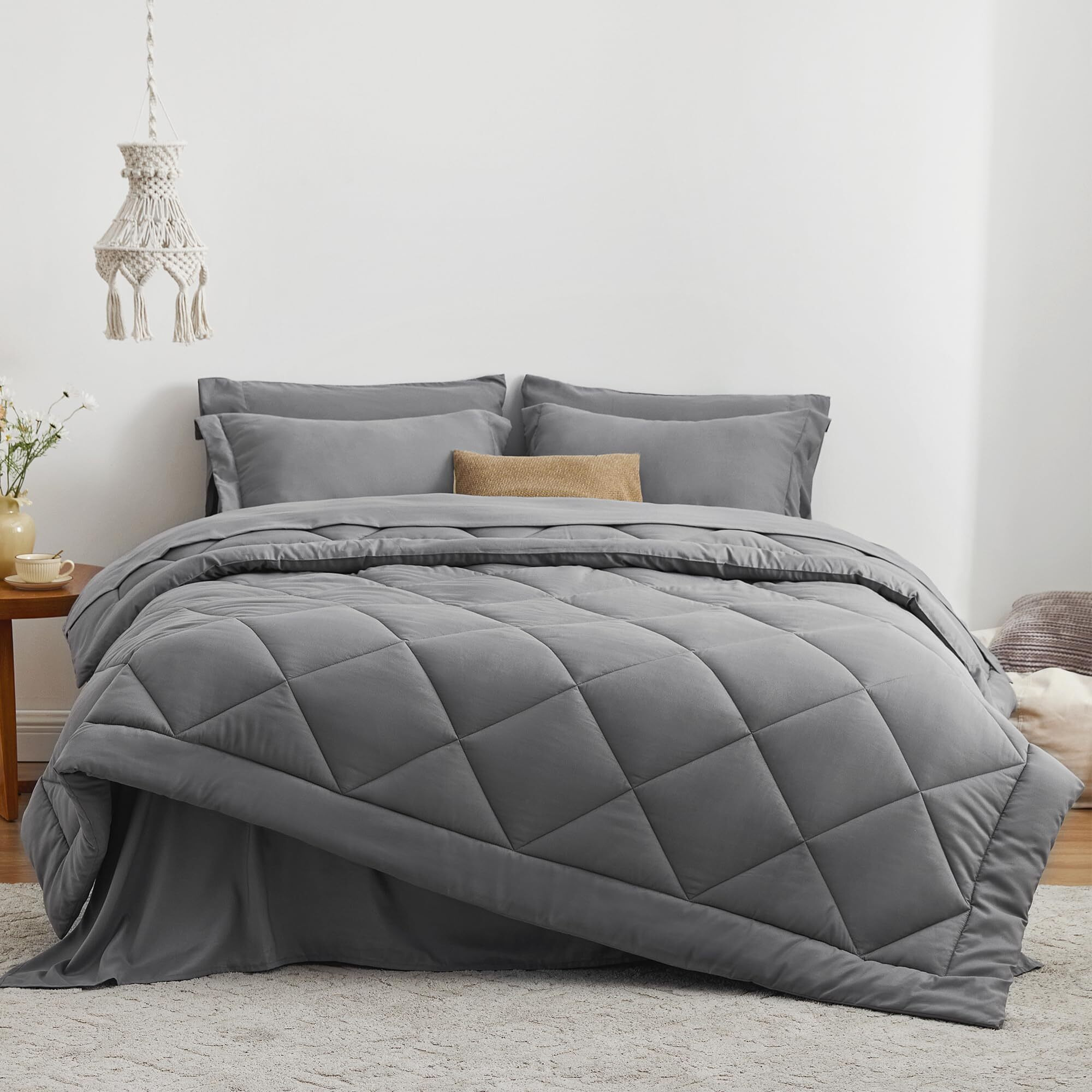 Love 's Cabin Queen Comforter Set Grey, 7 Pieces Queen Bed In A Bag, All Season Bedding Sets With 1 Comforter, 1 Flat Sheet, 1 Fitted Sheet, 2 Pillowcase And 2 Pillow Sham