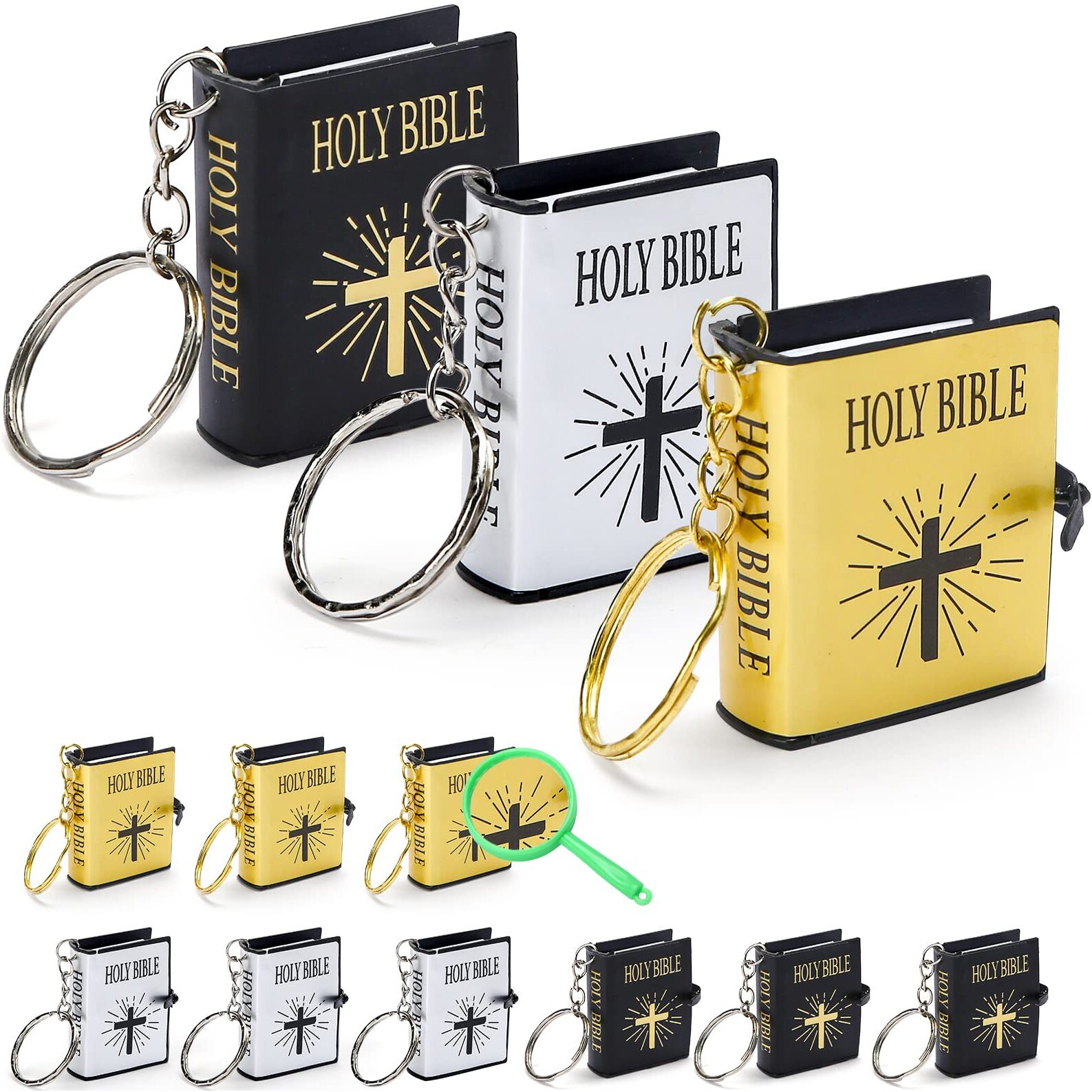 Freesooth Bible Keychain, 12 Pcs Tiny Bible Mini Bibles For Kids Bulk Mini Bible Real Bible Key Chains Handbag Pendant Gift, With Magnifying Glass