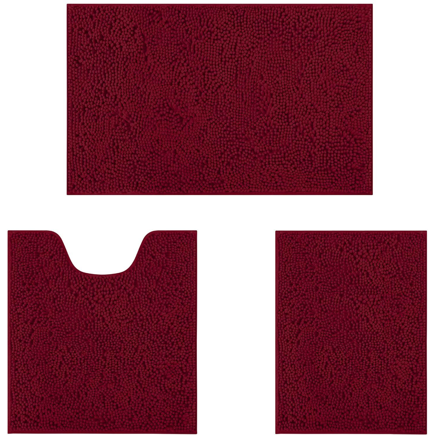 Homeideas 3 Pieces Bathroom Rugs, Ultra Soft Non Slip Absorbent Chenille Toilet Bath Mat Set (Burgundy)
