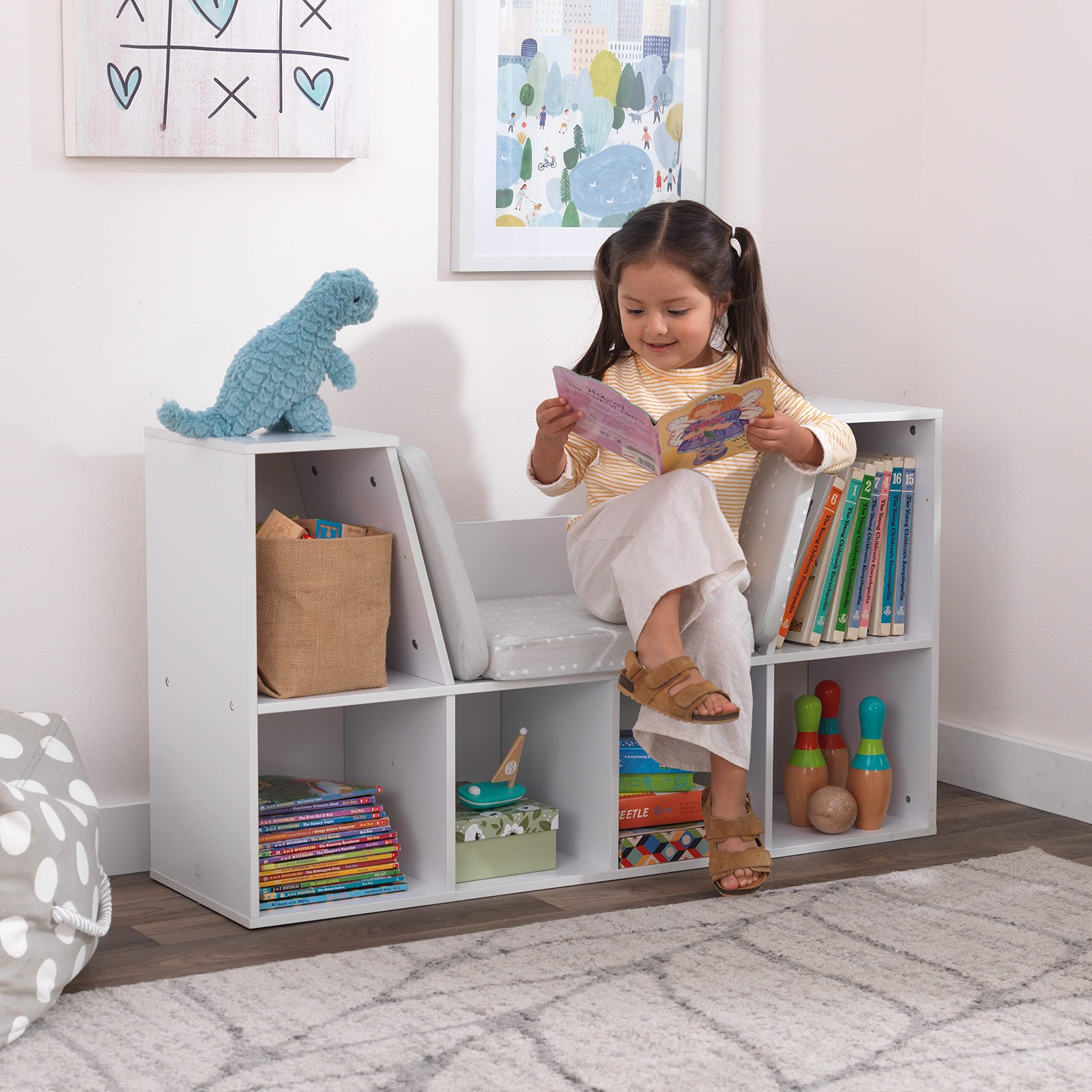 Kidkraft Wooden Bookcase With Reading Nook, Storage And Gray Cushion, White
