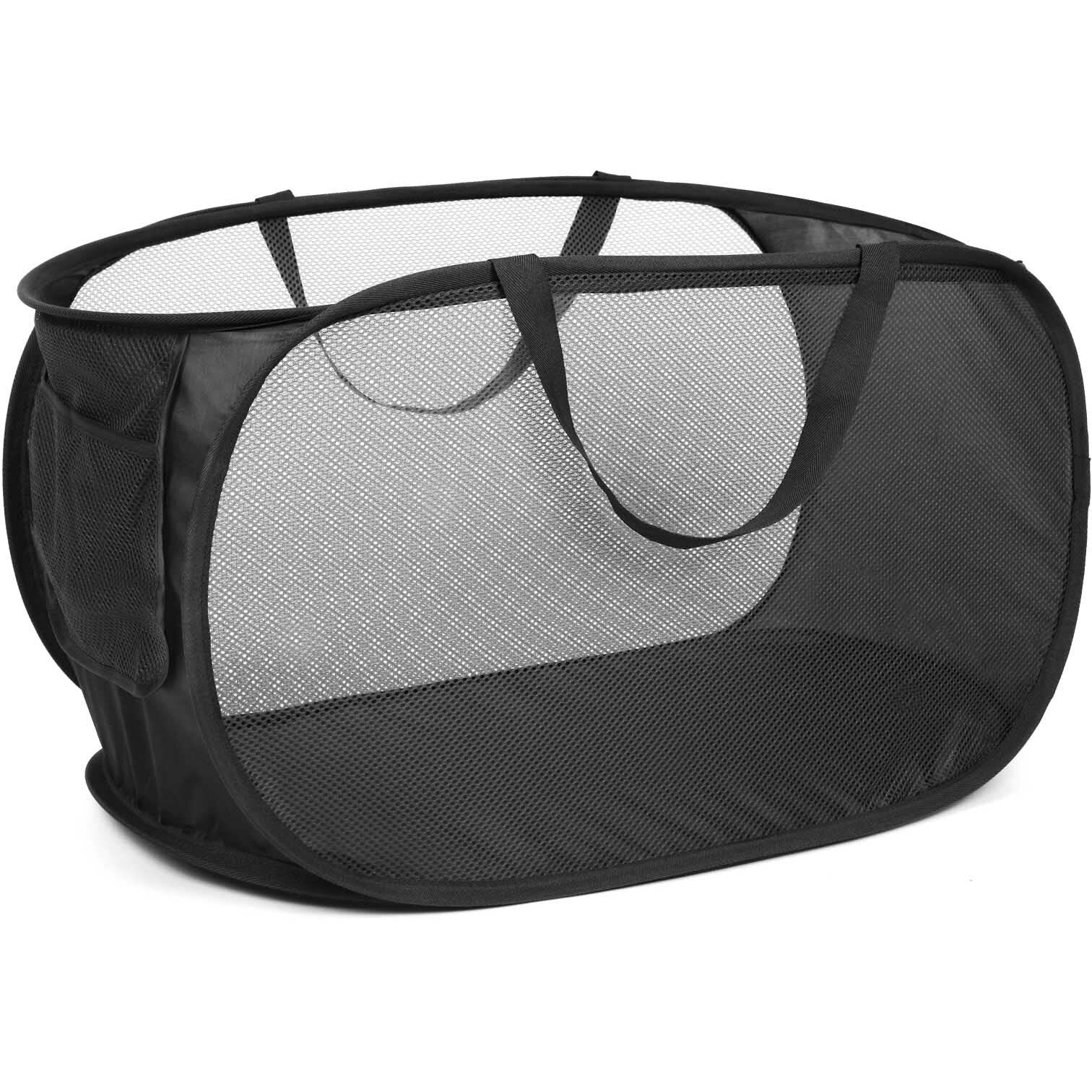 Durable Collapsible Laundry Baskets, Mesh Pop Up Laundry Hamper With Side Pocket, Foldable Clothes Storage Hamper With Reinforced Carry Handles For Laundry, Bathroom, Kids Room, Dorm Or Travel Black