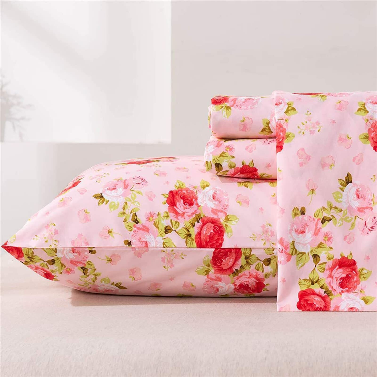 Meishang Full Pink Floral Ultra Soft 100% Microfiber- 16 Inch Deep Pocket Comfortable Rose Pattern Printed Sheet Set - 4 Pieces Rose Flower Full