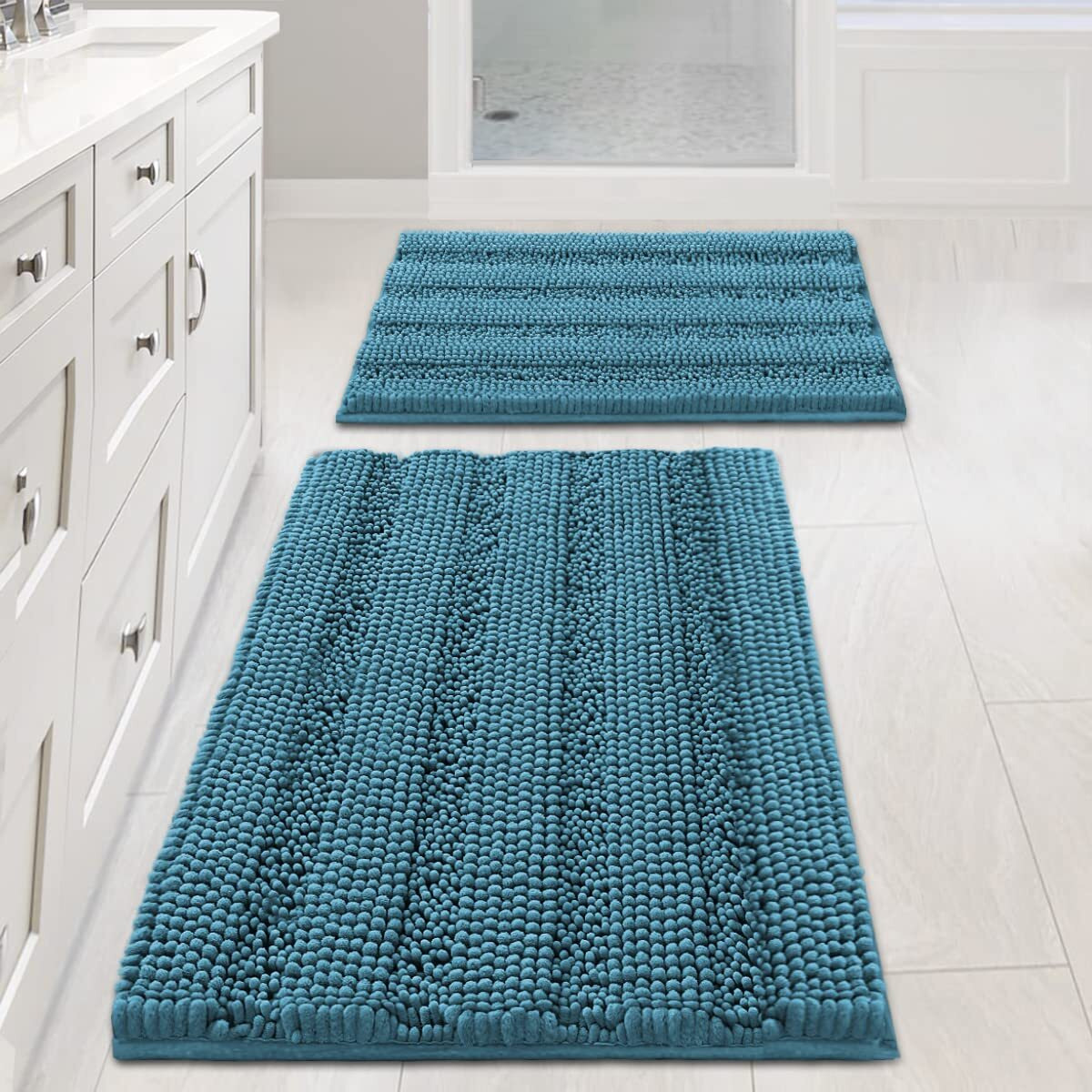 H.Versailtex 2 Piece Bathroom Set Bathroom Rugs Slip-Resistant Extra Absorbent Soft And Fluffy Thick Striped Bath Mat Non Slip Microfiber Shag Floor Mat(Turquoise Blue, 20"" X 32""/17"" X 24"")