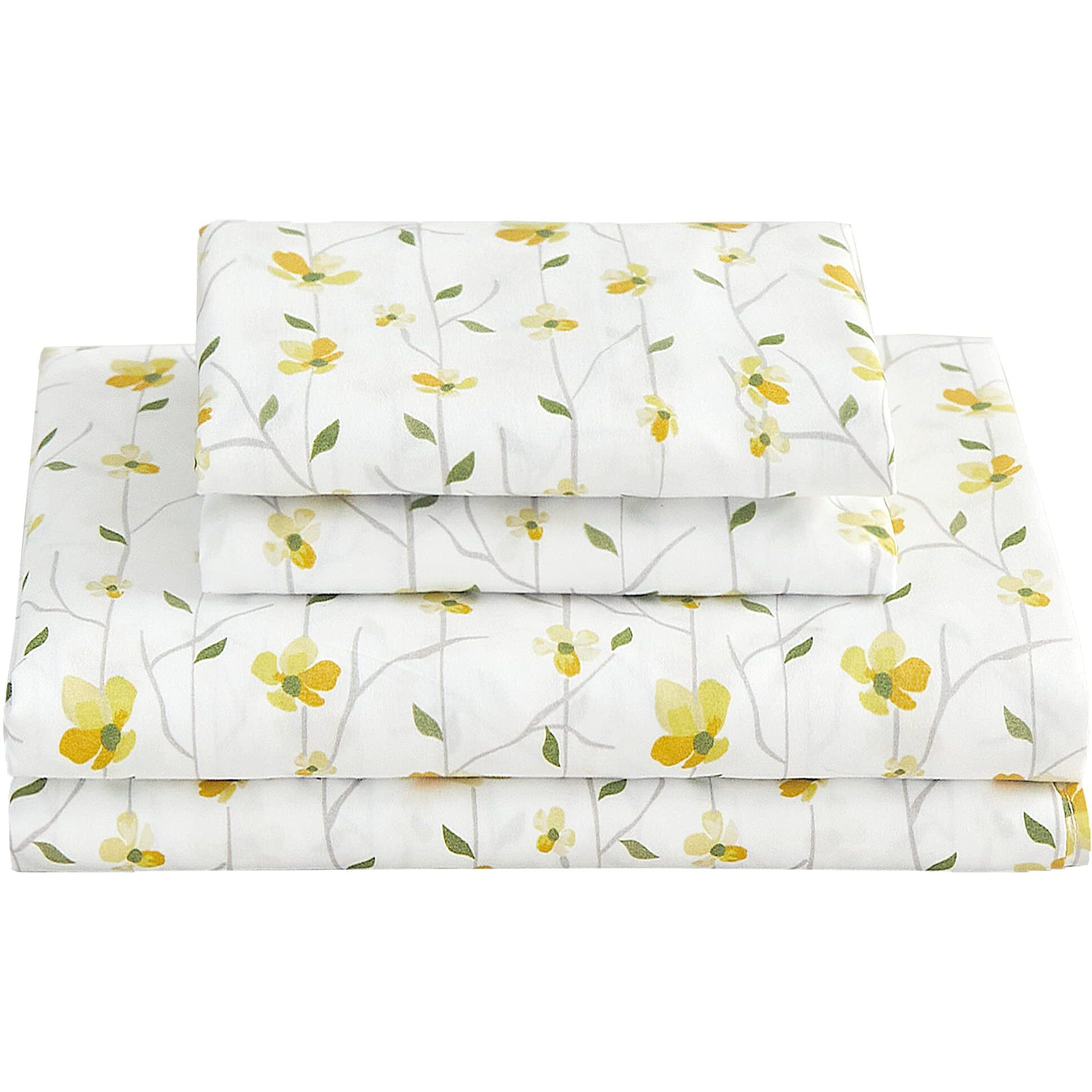 Softan Yellow Floral Sheets For Queen Size Bed Printed Flower Queen Size Sheets - 4 Piece Soft Microfiber Patterned Fitted Sheets Queen With 15 "" Deep Pocket