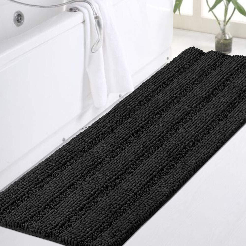 Turquoize Non Slip Shaggy Chenille Microfibers Bathroom Rug Black Bathroom Mat Extra Long Bath Rug 47 X 17 Kitchen Rugs And Mats, Super Water Absorbent & Soft Washable Bath Rug For Bathroom, Black