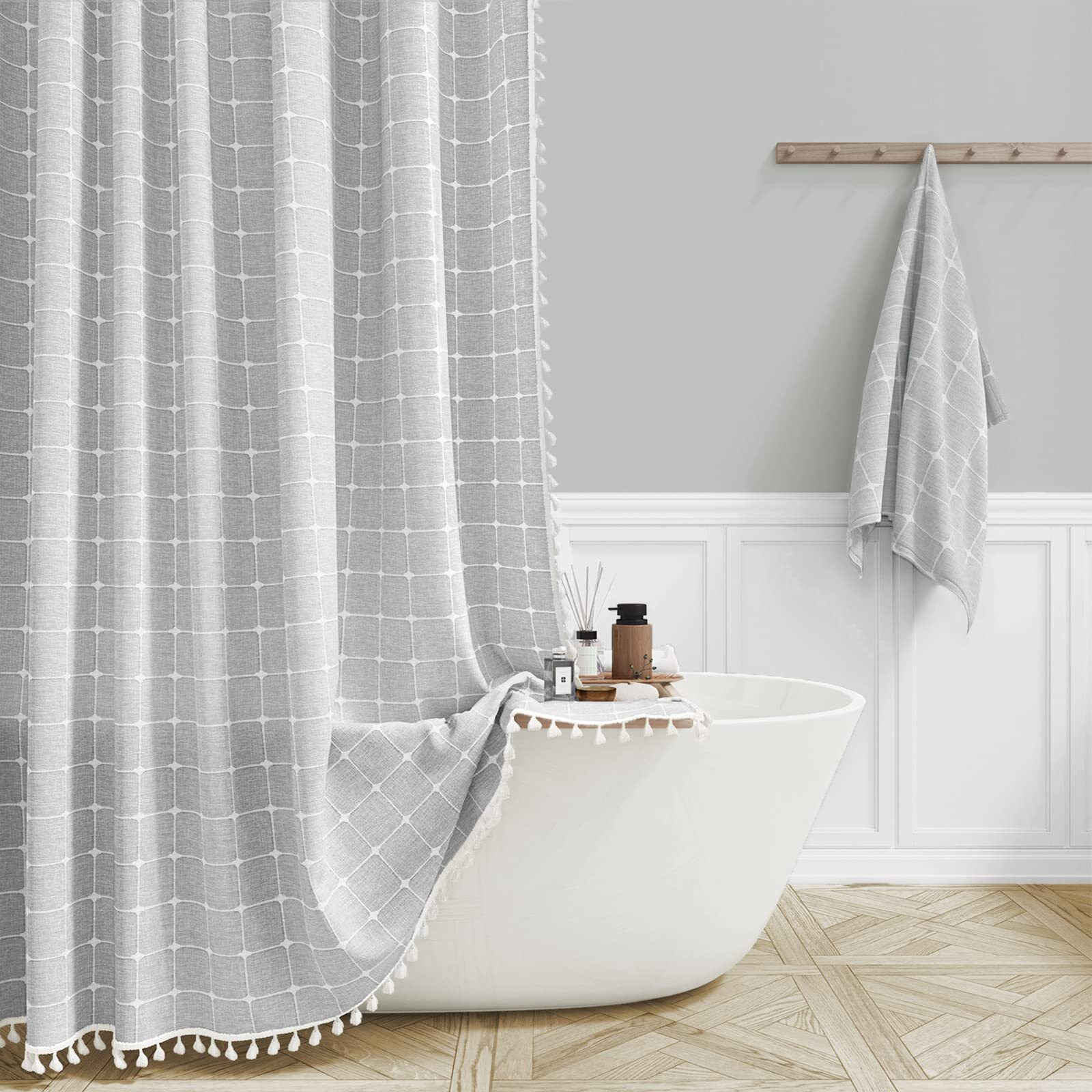 Bttn Boho Farmhouse Shower Curtain,   Linen Rustic Heavy Duty Fabric Shower Curtain Set With Tassel, Water Repellent, Bohemian Vintage Country Thick Cloth Shower Curtains For Bathroom, Gray/Grey, 72X72