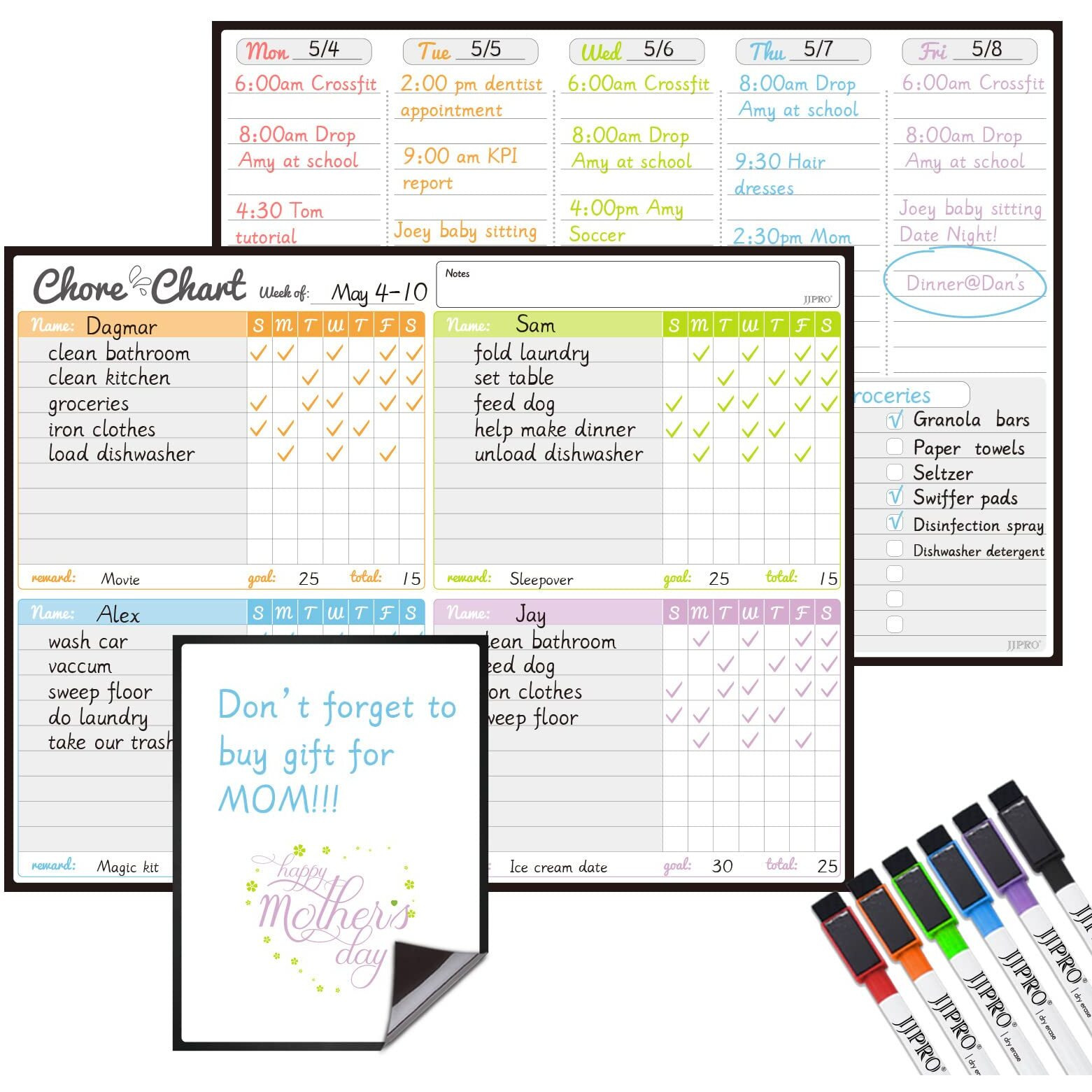 Magnetic Dry Erase Chore Chart And Weekly Calendar Set For Fridge - Chore Chart For Multiple Kids,Weekly Planner Board,Behavior Chart Kids Multiple Kids,Reward Chart,One Bonus To-Do Whiteboard