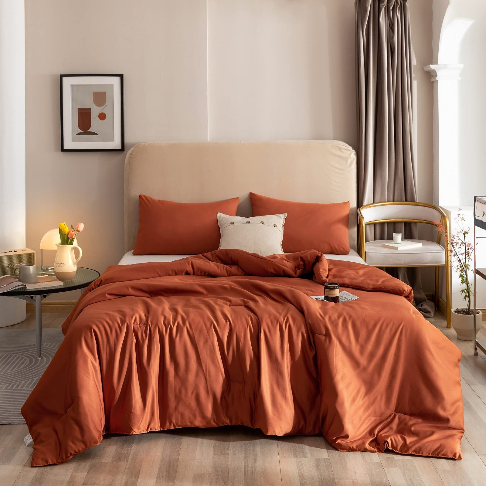 Rosgonia Terracotta Comforter Set Queen- 3Pcs (1 Comforter & 2 Pillowcases) Rust Queen Comforter Set For Women And Men- Reversible Soft Warm Lightweight Microfiber Comforter For All Season