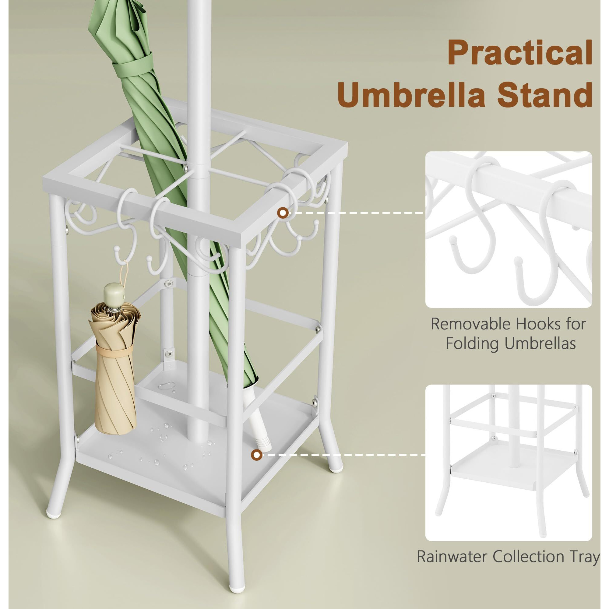 Hoctieon Coat Rack Freestanding, Entryway Coat Hanger Stand, Umbrella Holder, Hall Tree With 12 Hooks, Floor Standing Metal Tree Stand, White