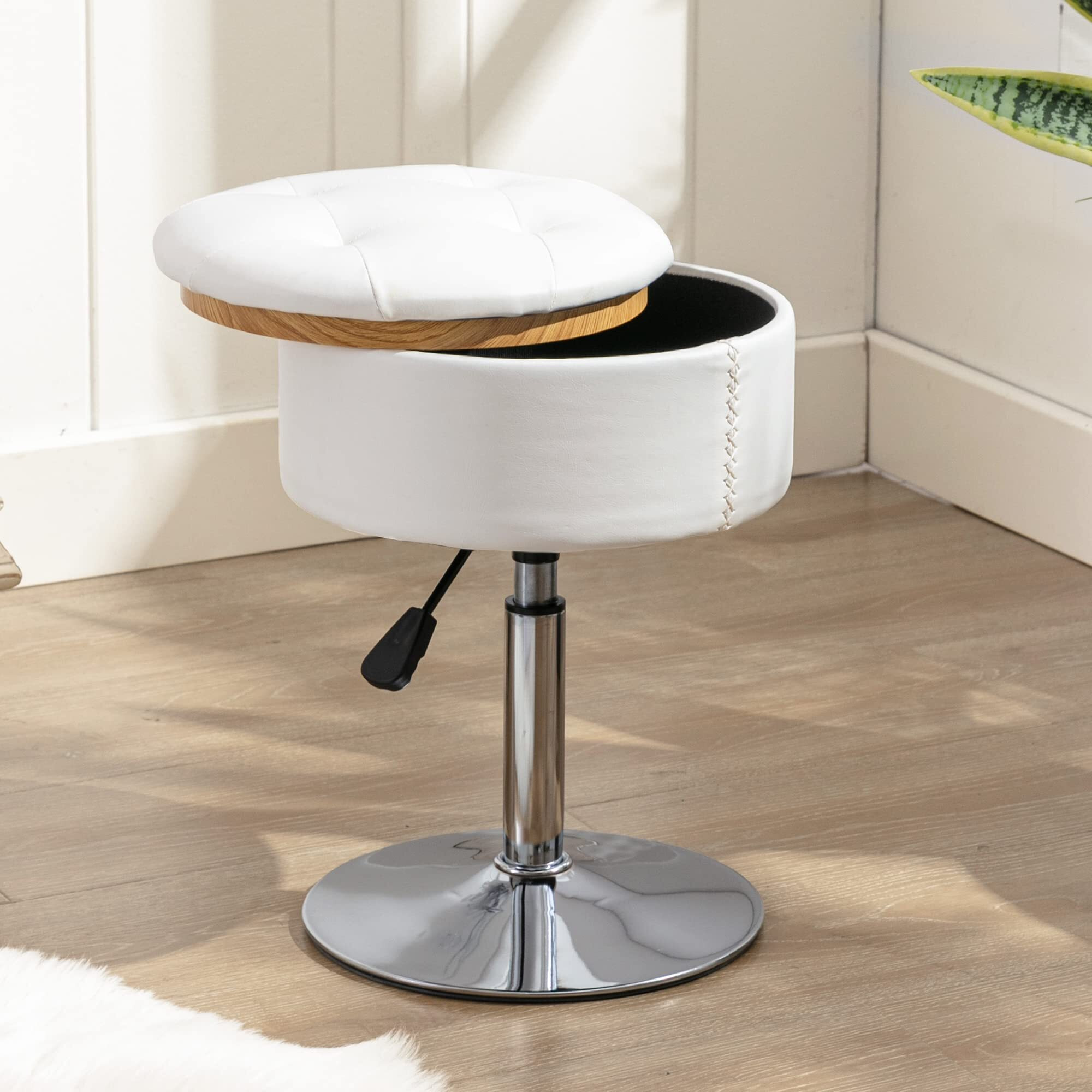 Lue Bona 360   Swivel Storage Vanity Stool Chair For Makeup Room, Height Adjustable Stool For Vanity, Small White Faux Leather Vanity Stool For Bathroom, Living Room