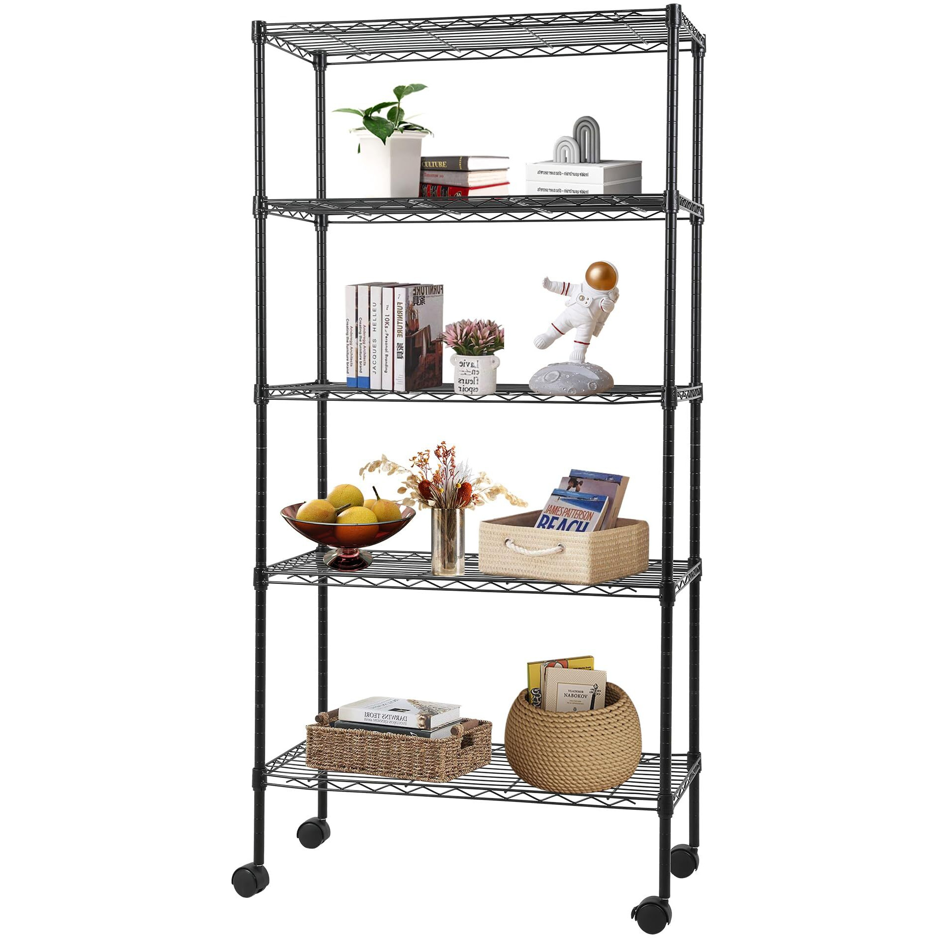 Fdw Storage Shelves Adjustable Storage Rack Wire Shelf With Wheels Outstanding Load Metal 5 Tier Shelves Shelf Storage Solution For Small Spaces Multifunctional Easy Assembly,Black