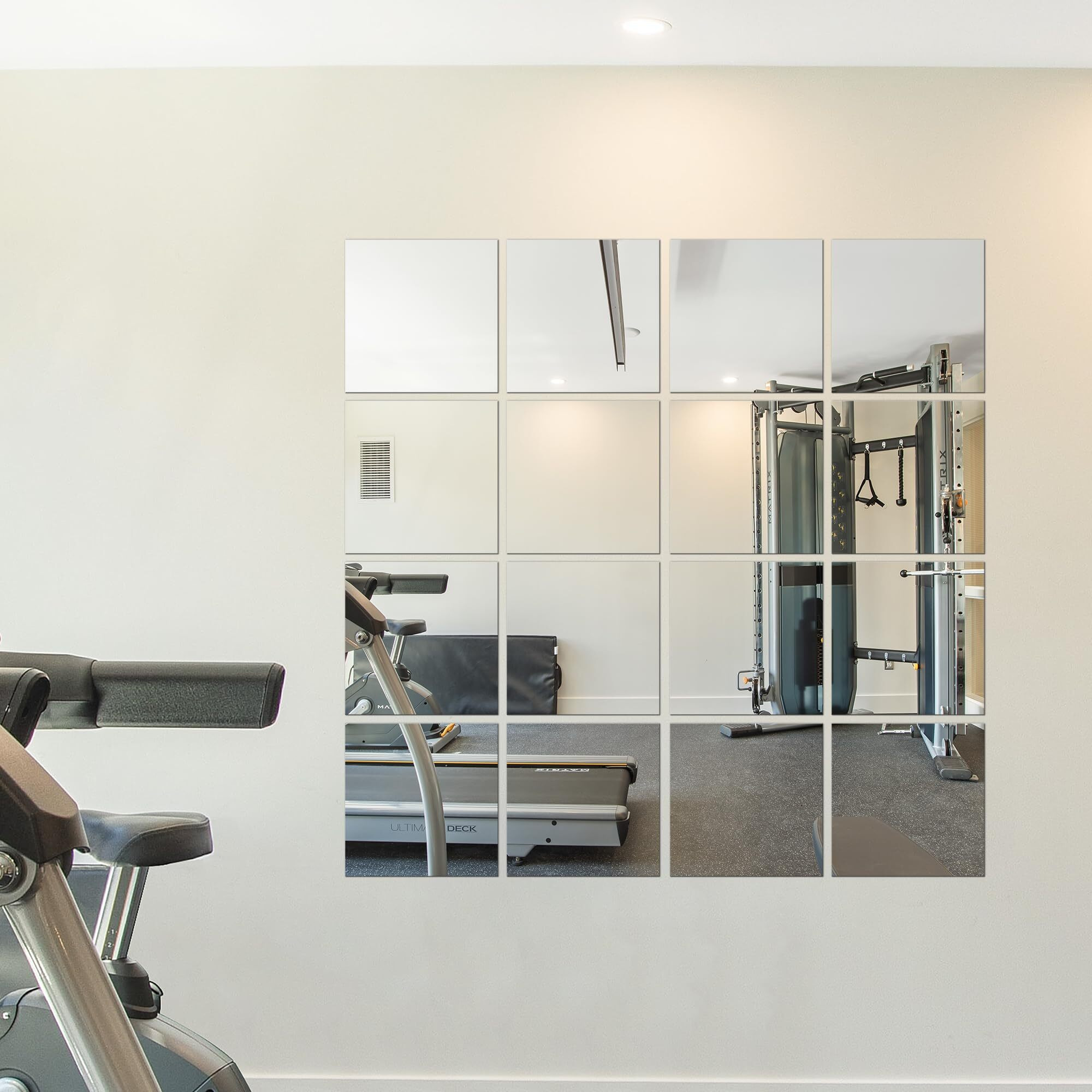 Delma Home Gym Mirrors, 12'' X 12'' Glass Mirror Tiles (16 Pcs), Square Large Wall Mirror For Home Gym, Bedroom, Door,Bathroom, Frameless Mirror Sets