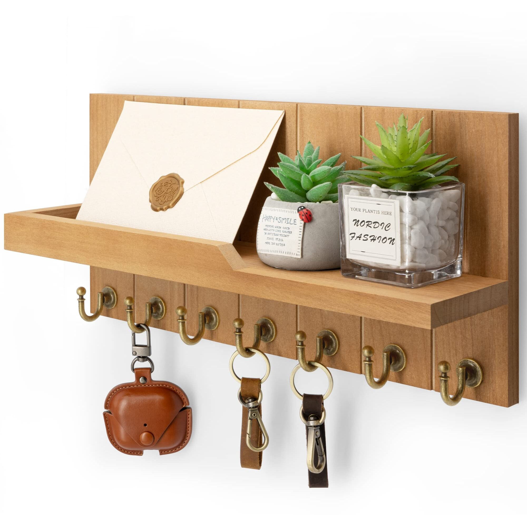 Rebee Vision Decorative Key Holder For Wall Shelf - Farmhouse Wood Wall Hanging Mail Organizer With 7 Sturdy Key Hooks For Home Entryway Decor - Stylish Key Racks (Light Brown)