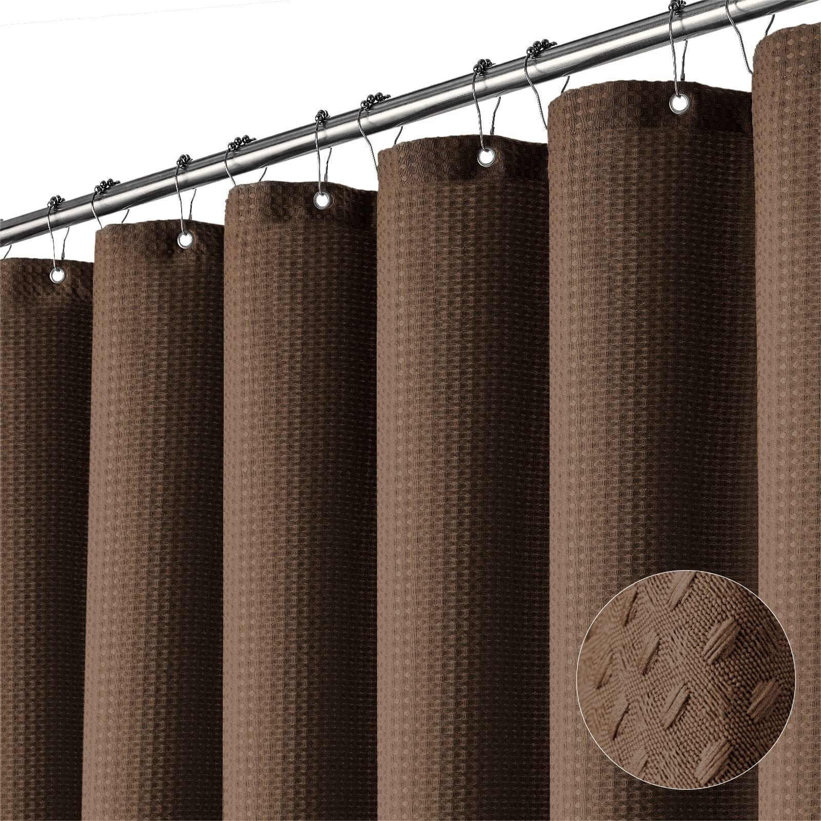 Dynamene Extra Long Shower Curtain - 84 Inch Long Brown Waffle Weave Heavy Duty Fabric Bathroom Shower Curtain, Neutral Weighted Hotel Thick Bath Curtain Set With 12 Plastic Hooks,72X84, Brown