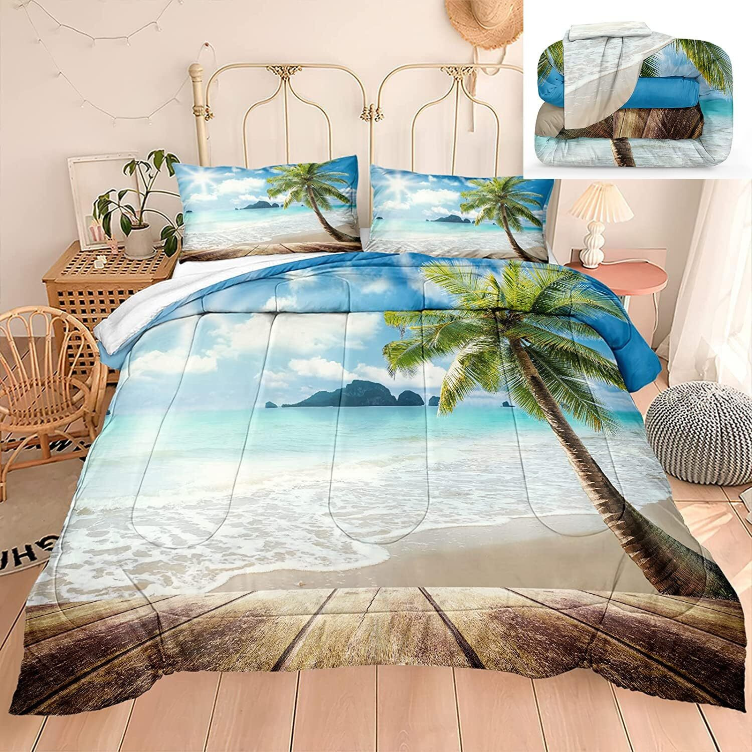 Bedbay Beach Comforter Set Queen Tropical Bedding Queen Sunny Beach Palm Tree Hawaii Style Ocean Bed Comforter Set 3 Pieces Turquoise Comforter Set Queen(Beach, Queen)
