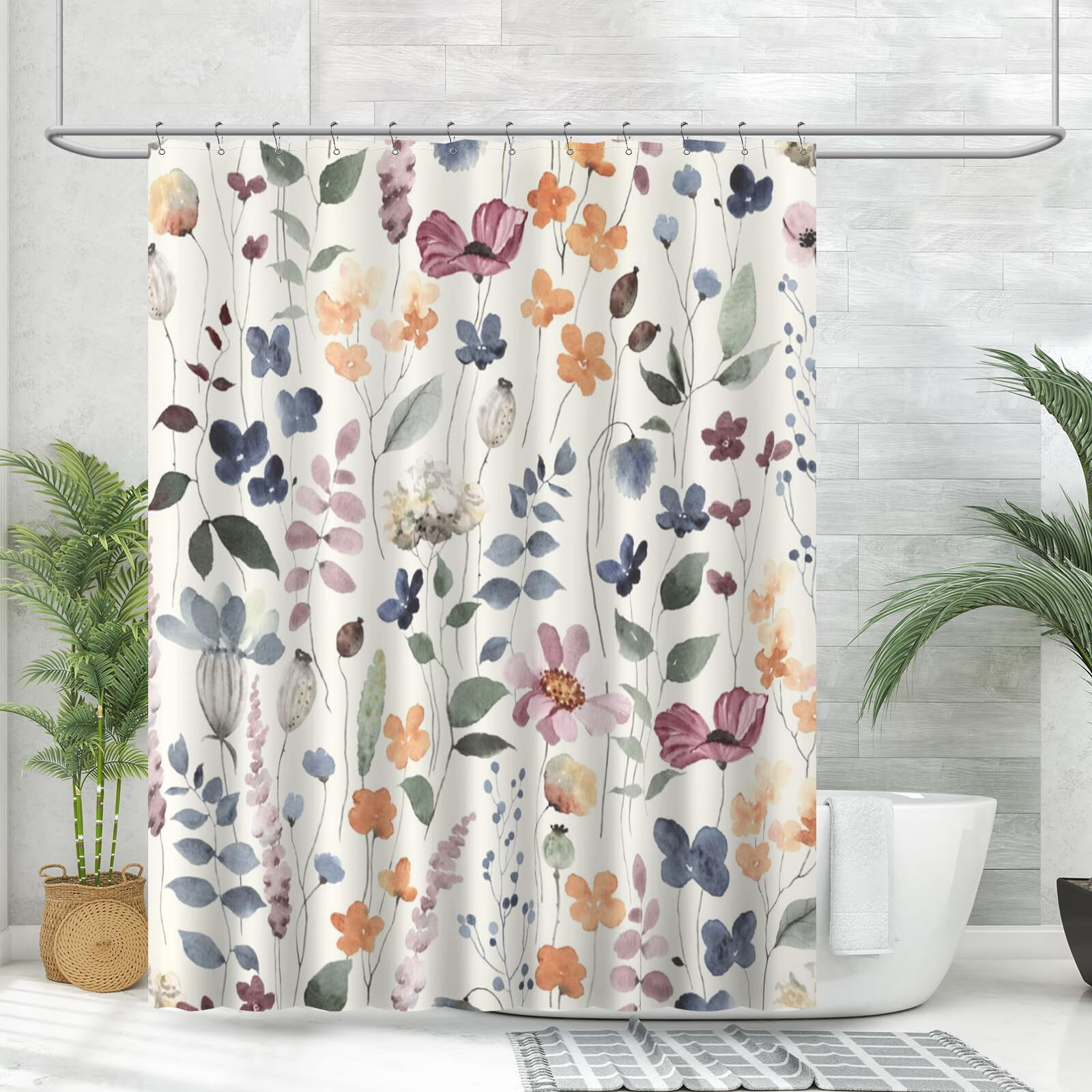 Amaredom Ink Floral Shower Curtain, Colorful Flower Shower Curtain For Bathroom, Waterproof Fabric Shower Curtain Set, Bathroom Decoration With 12 Hooks 72X72 Inches