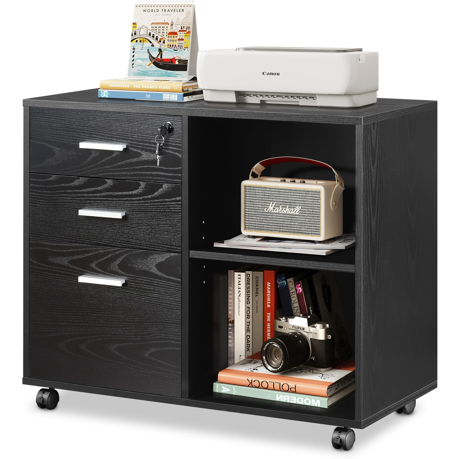Devaise 3-Drawer Wood File Cabinet With Lock, Mobile Lateral Filing Cabinet, Black