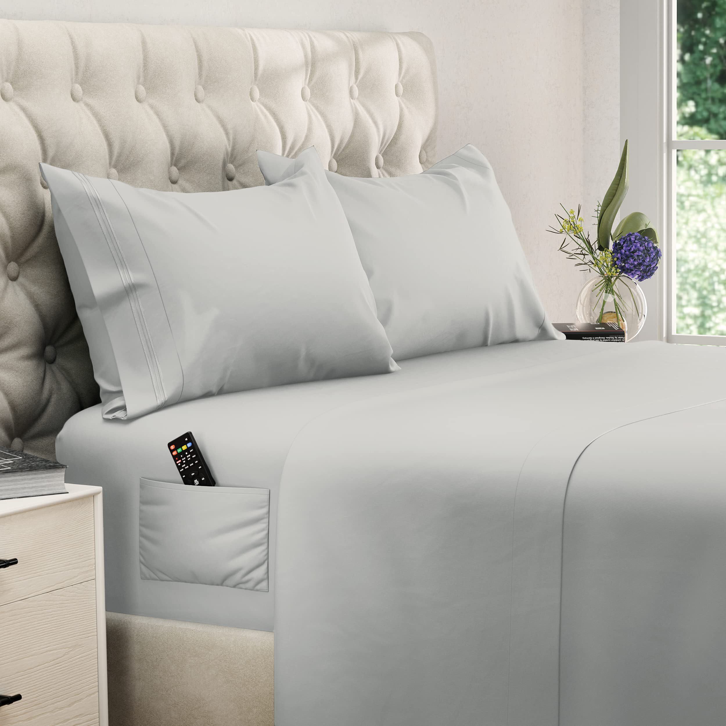 Dreamcare Queen Sheet Set - Cooling Bed Sheets - 4Pcs Set - Queen Sheets - Sheets For Queen Size Bed - Queen Size Sheets Soft & Long Lasting 100% Fine Brushed Polyester With Side Pocket - Light Gray