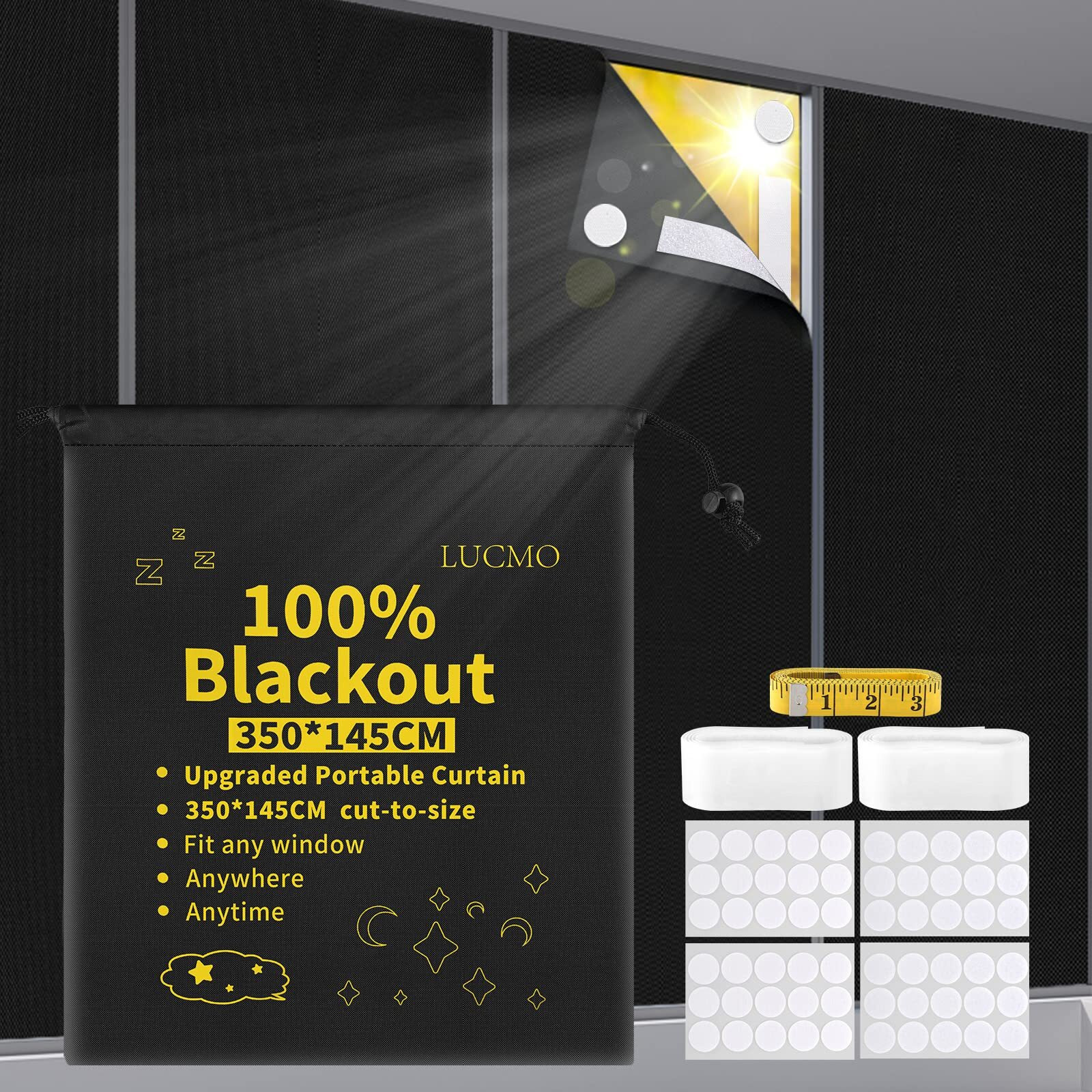 Lucmo Blackout Blinds 138"" X 57"", 100% Blackout Blind Curtain For Window, No Drill Portable Blackout Shades Film For Bedroom, Cut To Any Size, Nursery Black Out Blinds For Baby Travel Temporary