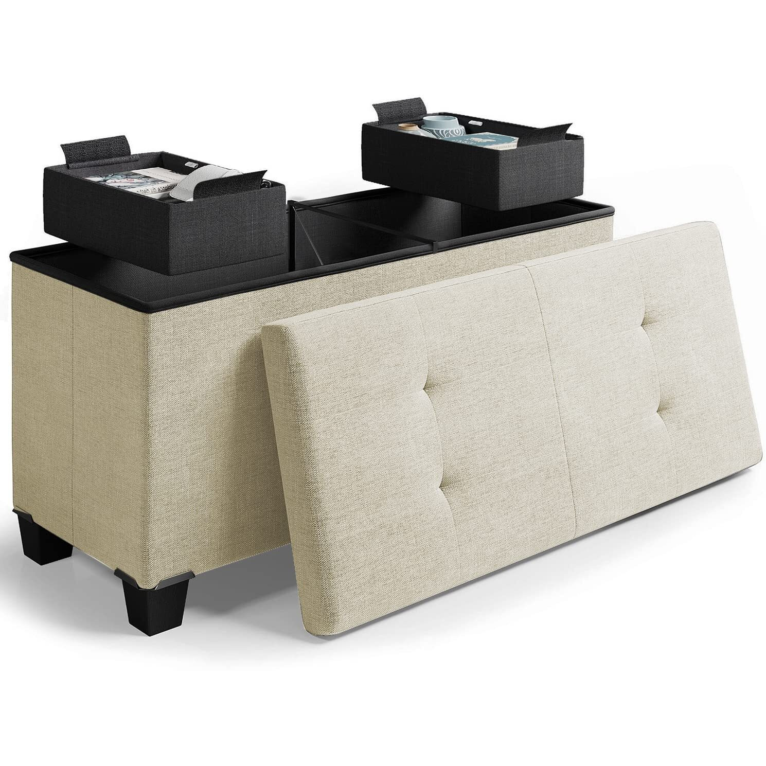 Storage Ottoman Bench With Storage Bins, 30-In Storage Bench For Bedroom End Of Bed, Folding Foot Rest Ottoman With Storage For Living Room, Storage Chest Max 660Lbs, Linen Fabric Ivory Ottoman