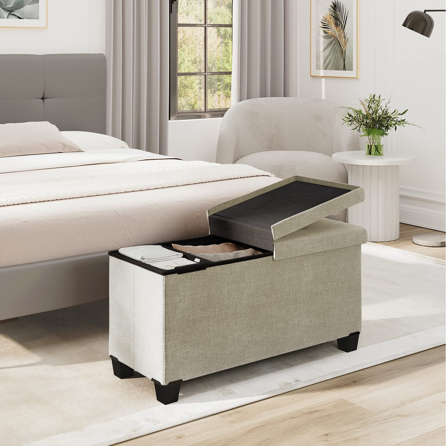 Storage Ottoman Bench With Storage Bins, 30-In Storage Bench For Bedroom End Of Bed, Folding Foot Rest Ottoman With Storage For Living Room, Storage Chest Max 660Lbs, Linen Fabric Ivory Ottoman
