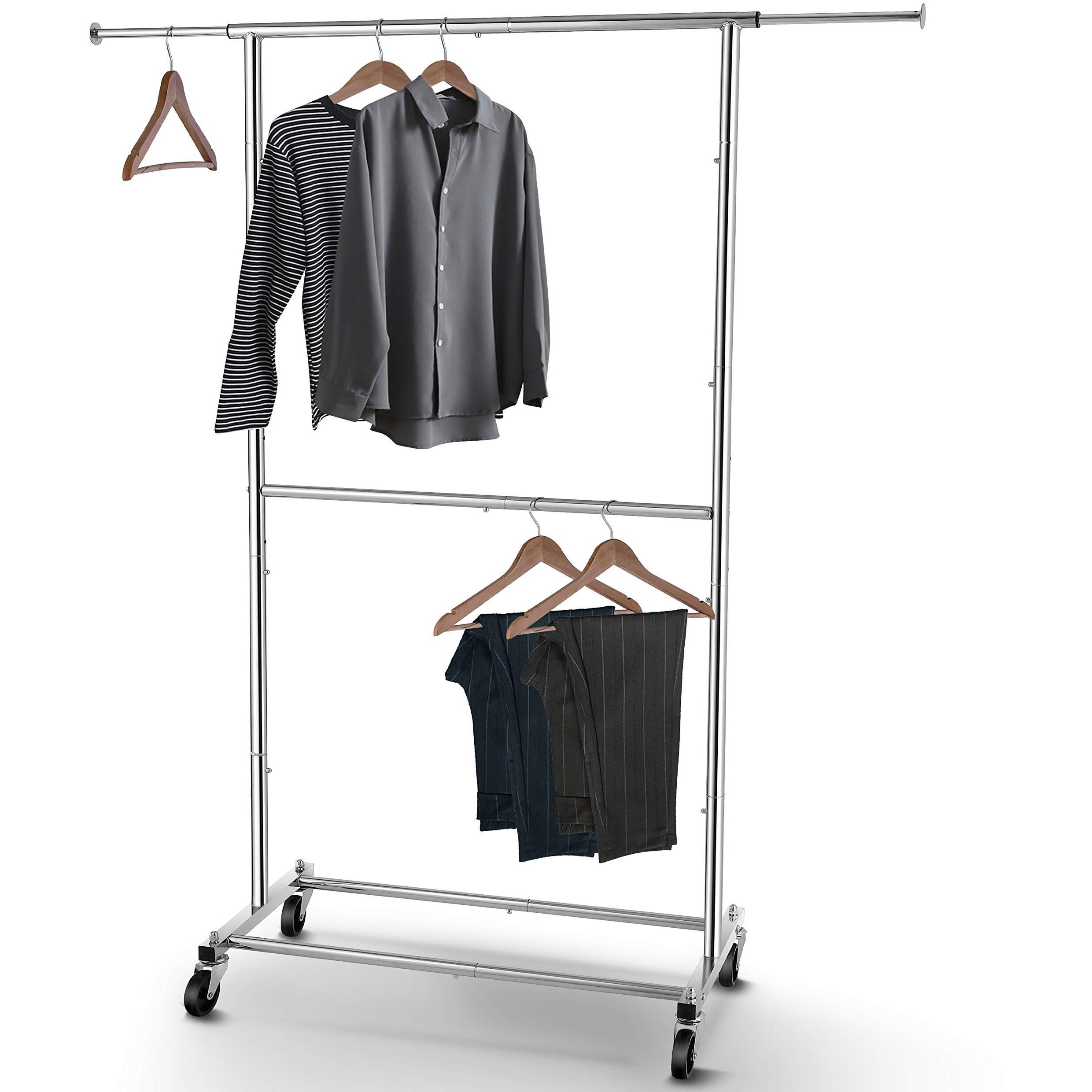Simple Trending Double Rod Clothing Garment Rack, Rolling Clothes Organizer On Wheels For Hanging Clothes, Chrome