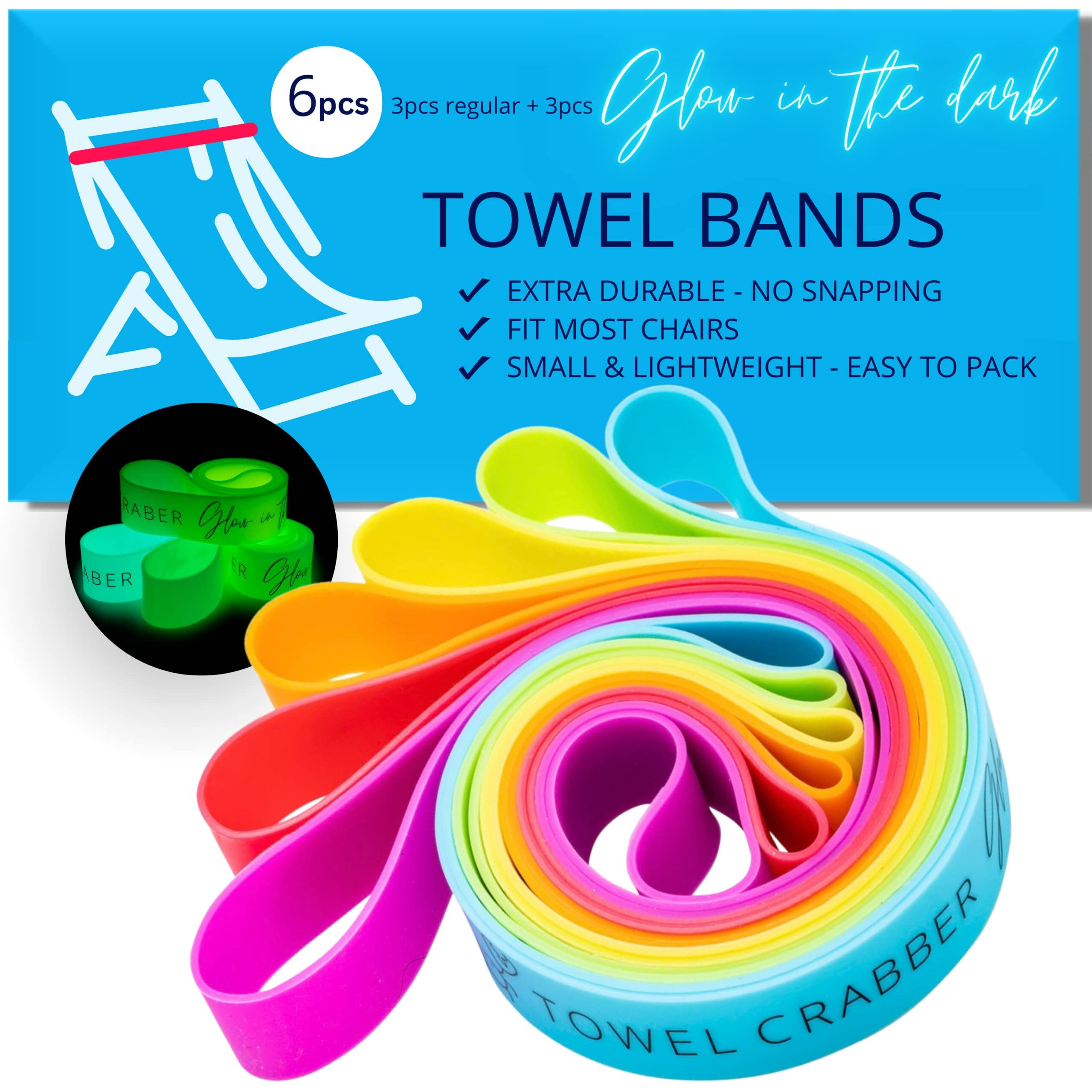 Towel Bands (6-Pack), Beach Pool & Cruise Chairs, Extra Durable, No Snapping, Cruise Ship & Beach Essentials, Great Alternative To Beach Towel Clips (3 Regular + 3 Glow In The Dark)