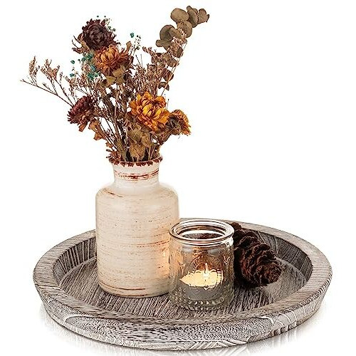 Wooden Decorative Tray Candle Holder Romadedi Round Wood Tray Home Decor, Whitewash Rustic Trays For Farmhouse Dinning Table Kitchen Countertop Coffee Table Wedding Centerpiece, 11Inch, Size L