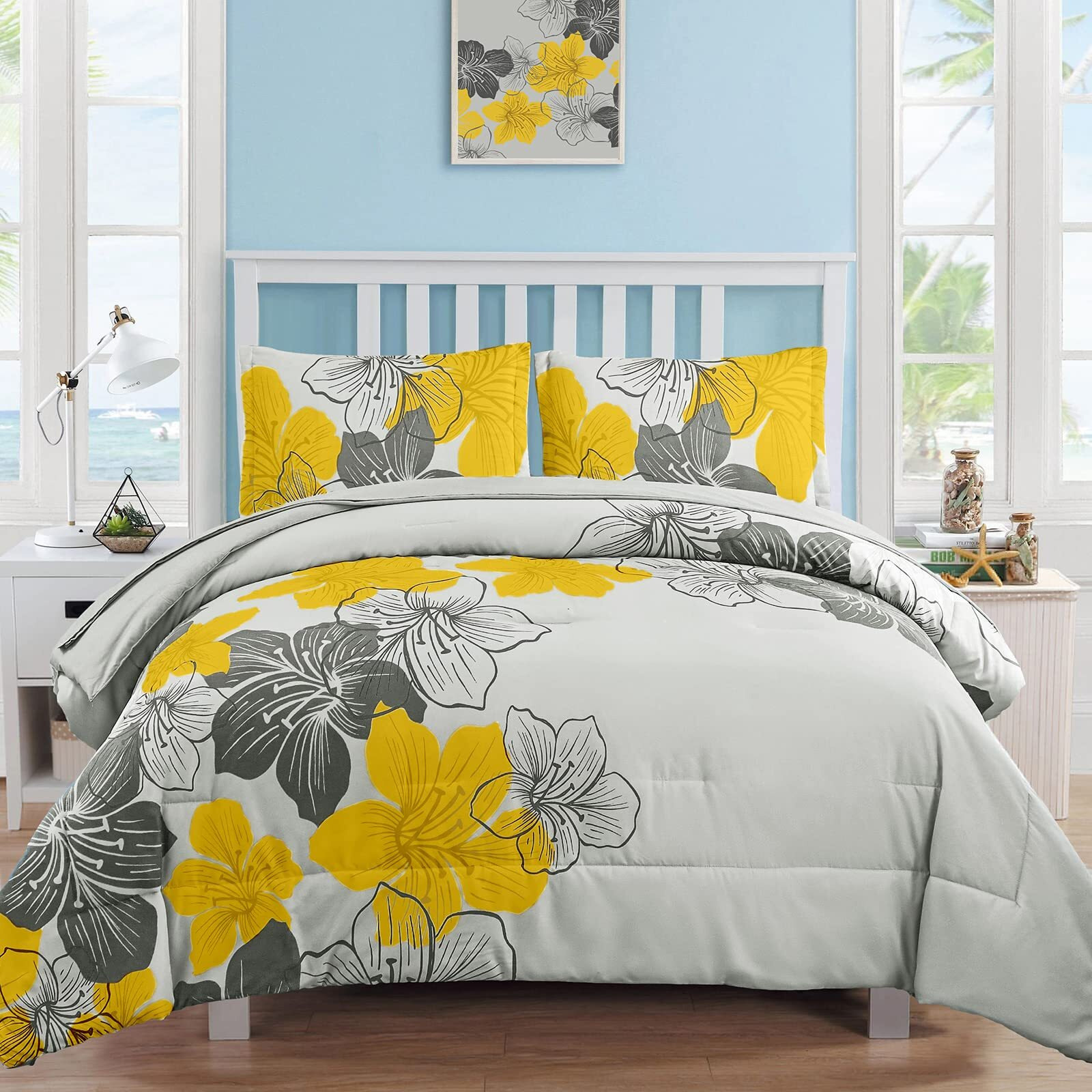 Yellow Comforter Set Queen Size, Yellow Floral Pattern Printed On Light Grey, Soft Microfiber 7 Pieces Bed In A Bag (1 Comforter, 2 Pillow Shams, 1 Flat Sheet, 1 Fitted Sheet, 2 Pillowcases)