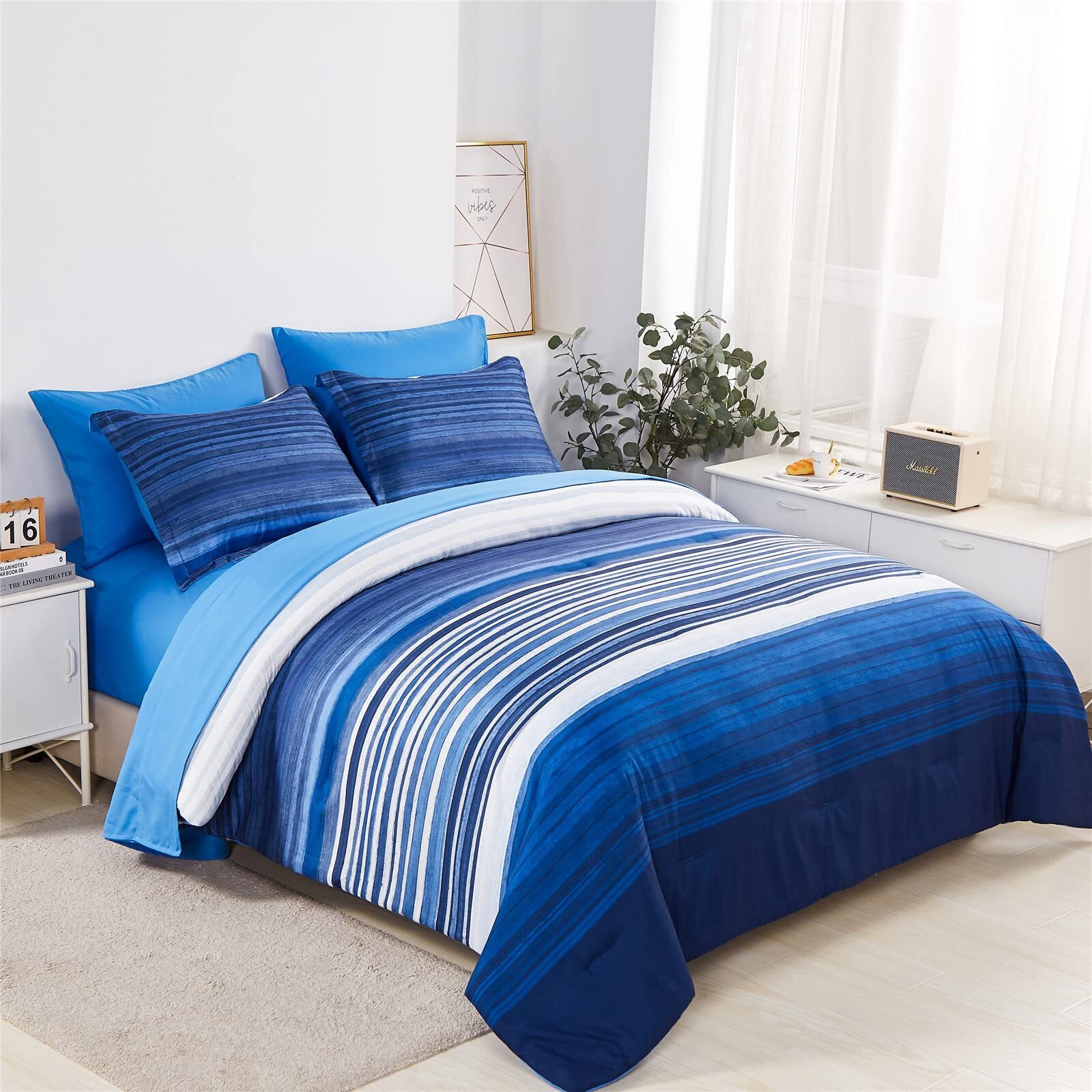 Kakijumn 7 Piece Bed In A Bag Stripe Comforter Set Queen Size, White And Blue Patchwork Striped Comforter And Sheet Set, All Season Soft Microfiber Complete Bedding Sets(Blue,Queen)
