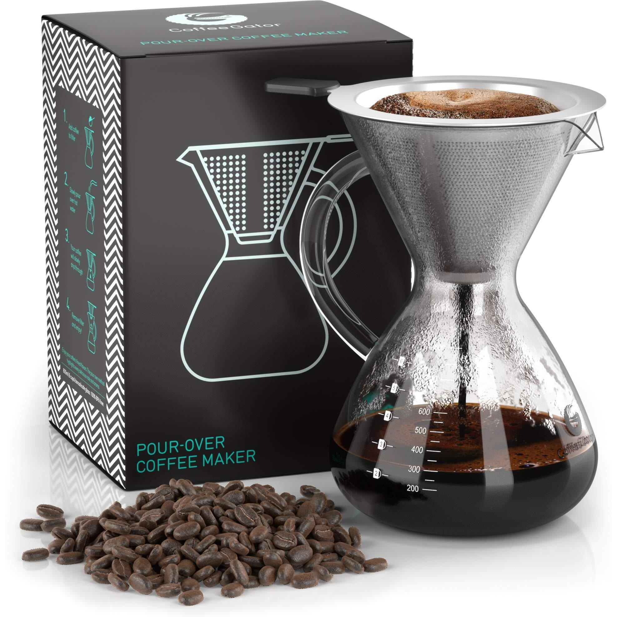 Coffee Gator Pour Over Coffee Maker - 27 Oz Paperless, Portable, Drip Coffee Brewer Pour Over Set W/Glass Carafe & Stainless-Steel Mesh Filter, 800Ml Clear