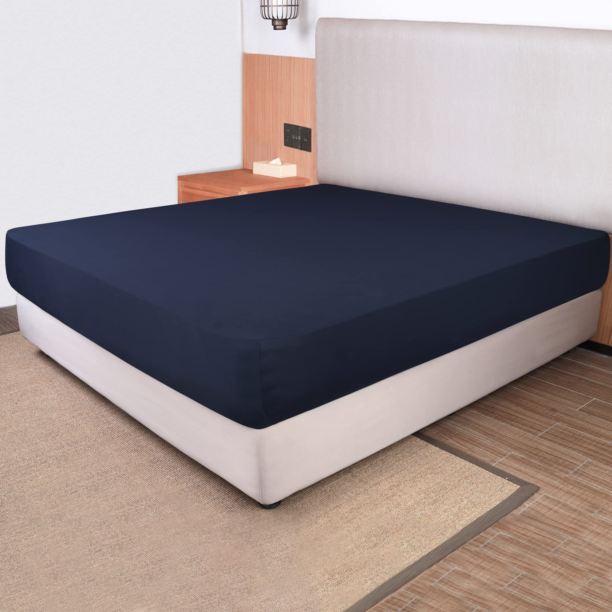 Queen Size Fitted Sheet Only - 4-Way Stretch Knit, Snug Fit, Wrinkle Free & Stay In Place, No More Slipping Off For Mattress, Soft & Comfortable - Navy Blue, Queen