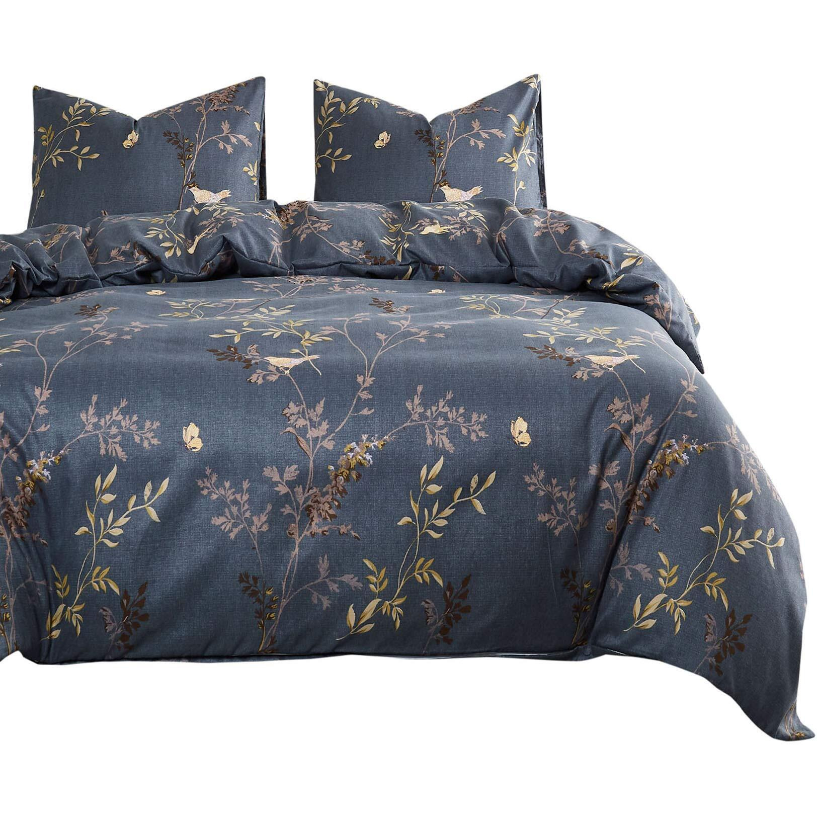 Wake In Cloud - Gray Comforter Set, Birds Floral Flowers Leaves Pattern Printed On Dark Grey, Soft Microfiber Bedding (3Pcs, Queen Size)