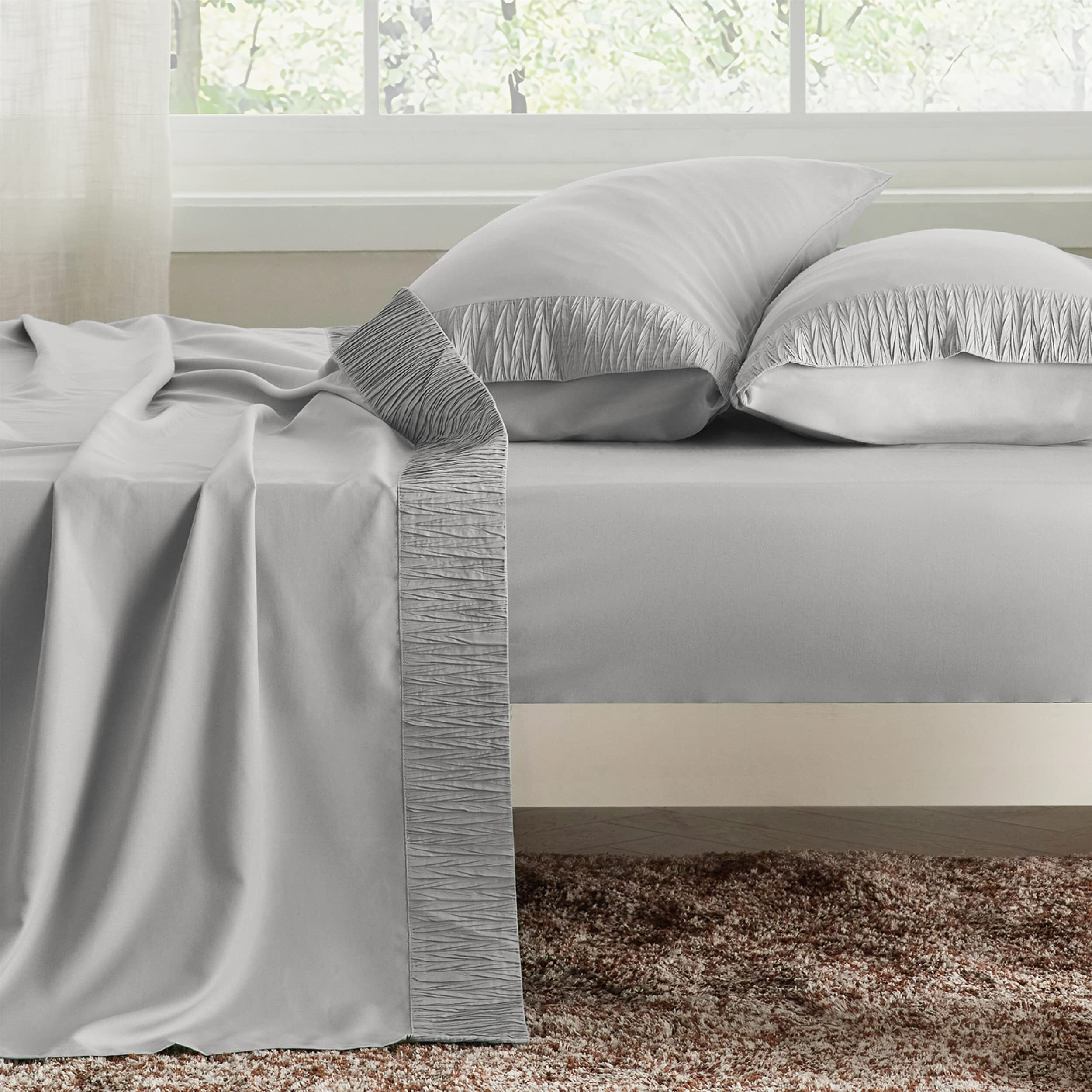 Bedsure Queen Sheet Set - Soft 1800 Sheets For Queen Size Bed, 4 Pieces Hotel Luxury Light Grey Sheets Queen, Easy Care Polyester Microfiber Cooling Bed Sheet Set
