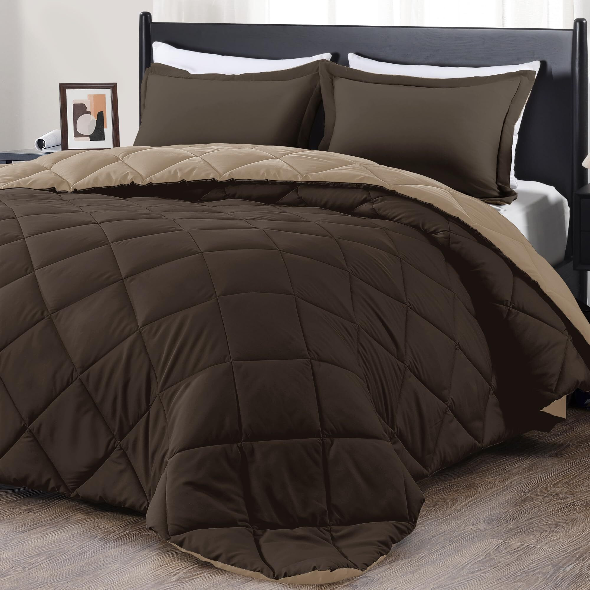 Downluxe King Size Comforter Set - Brown And Tan King Comforter, Soft Bedding Comforter Sets For All Seasons, King Comforter Set - 3 Pieces - 1 Comforter (104 "&quotX92 "") And 2 Pillow Shams(20 "&quotX36 "")
