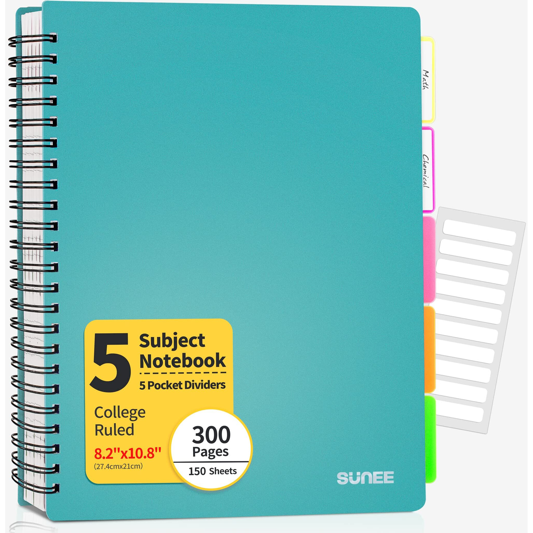 Sunee 5 Subject Notebook College Ruled - 300 Pages, 8.2 "&quotX10.8 "", Spiral Lined Notebook With 5 Pocket Colored Dividers, 3-Hole Punched Paper, Teal Notebooks For School Supplies, Home & Office, Writing Journal