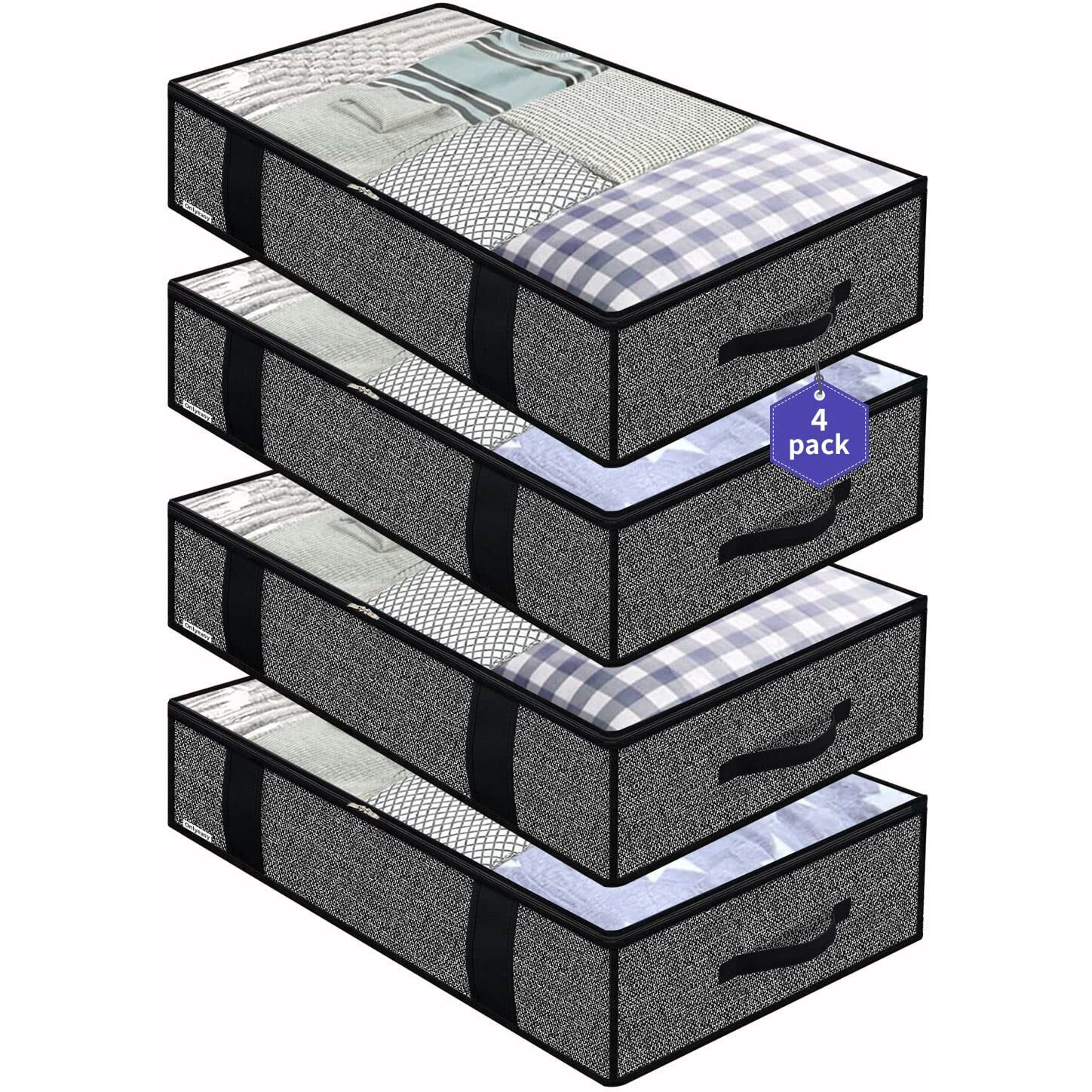 Onlyeasy 4 Pack Under Bed Clothes Storage Bags Organizer With Reinforced Handles And Zippers, Foldable Underbed Storage Container Bags For Blankets, Comforters, Bedding, Linen-Like Black, Mxaubbp4